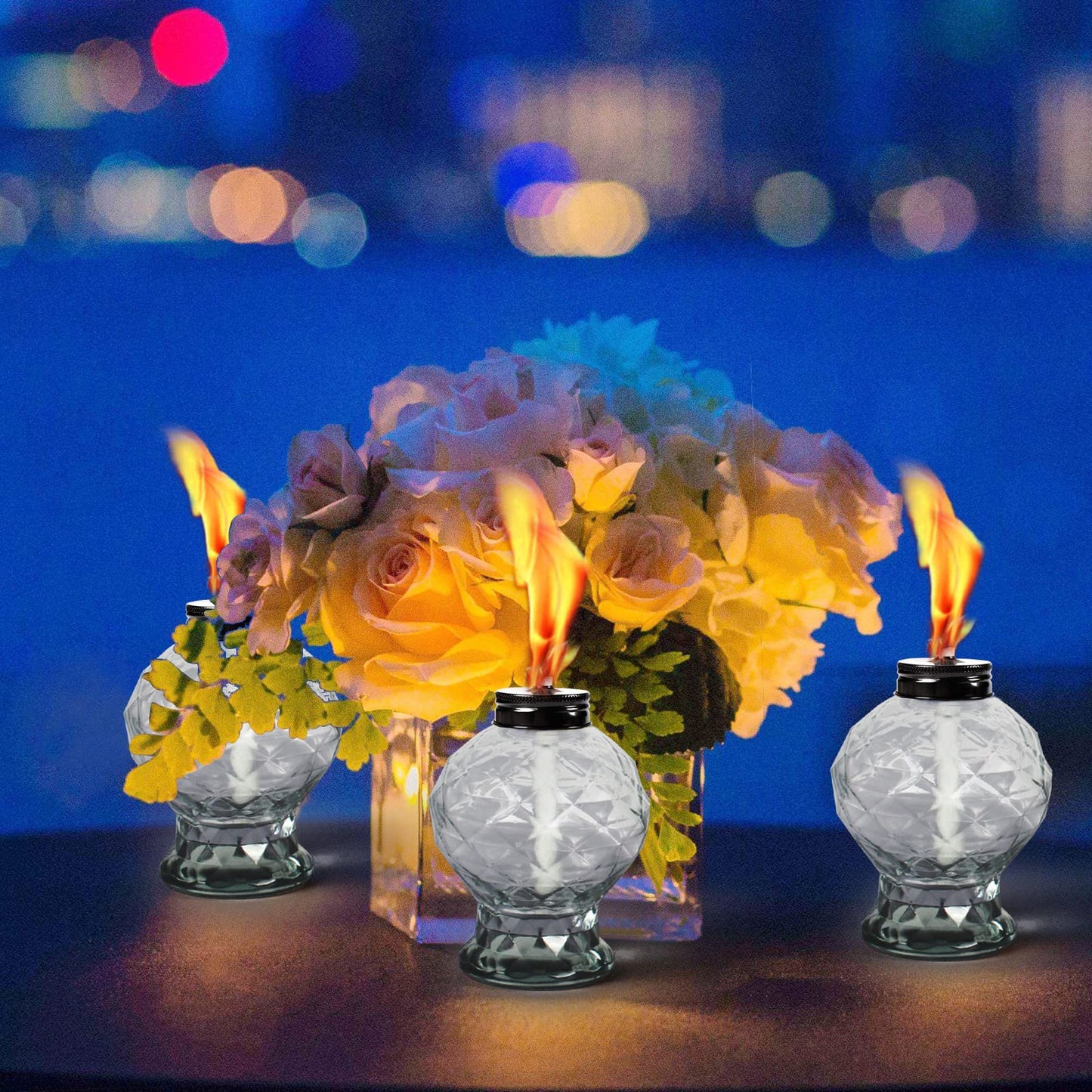 DIKAIDA 4 Pack Glass Table Torches, Citronella Table Top Torches with Wick and Cap for Outdoor, Refillable Landscape Lanterns for Yard, Patio, Christmas, Garden, Party Decor