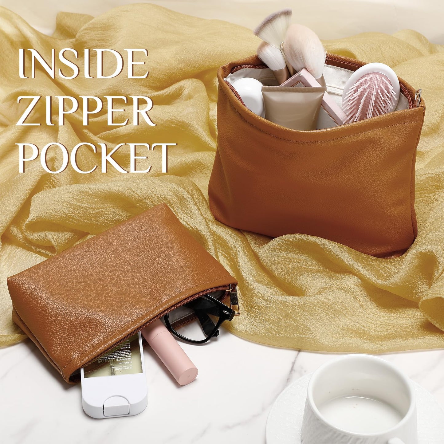 Kigeli 2 Pcs Small Makeup Bag Set for Purse PU Leather Cosmetic Bag Makeup Travel Toiletry Pouch Aesthetic Preppy Organizer Storage Pouch Gift for Teacher Mother Day Women(Brown)