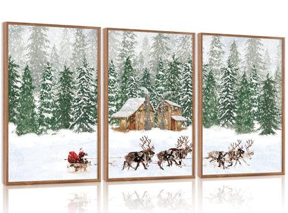 CHDITB Santa Claus Reindeer Sleigh Framed Canvas Wall Art(12"x16"), 3 Panels Christmas Winter Holiday Artwork Prints, Large Rustic Xmas Gift Snow Scene Forest Landscape Decor for Home Office Bedroom
