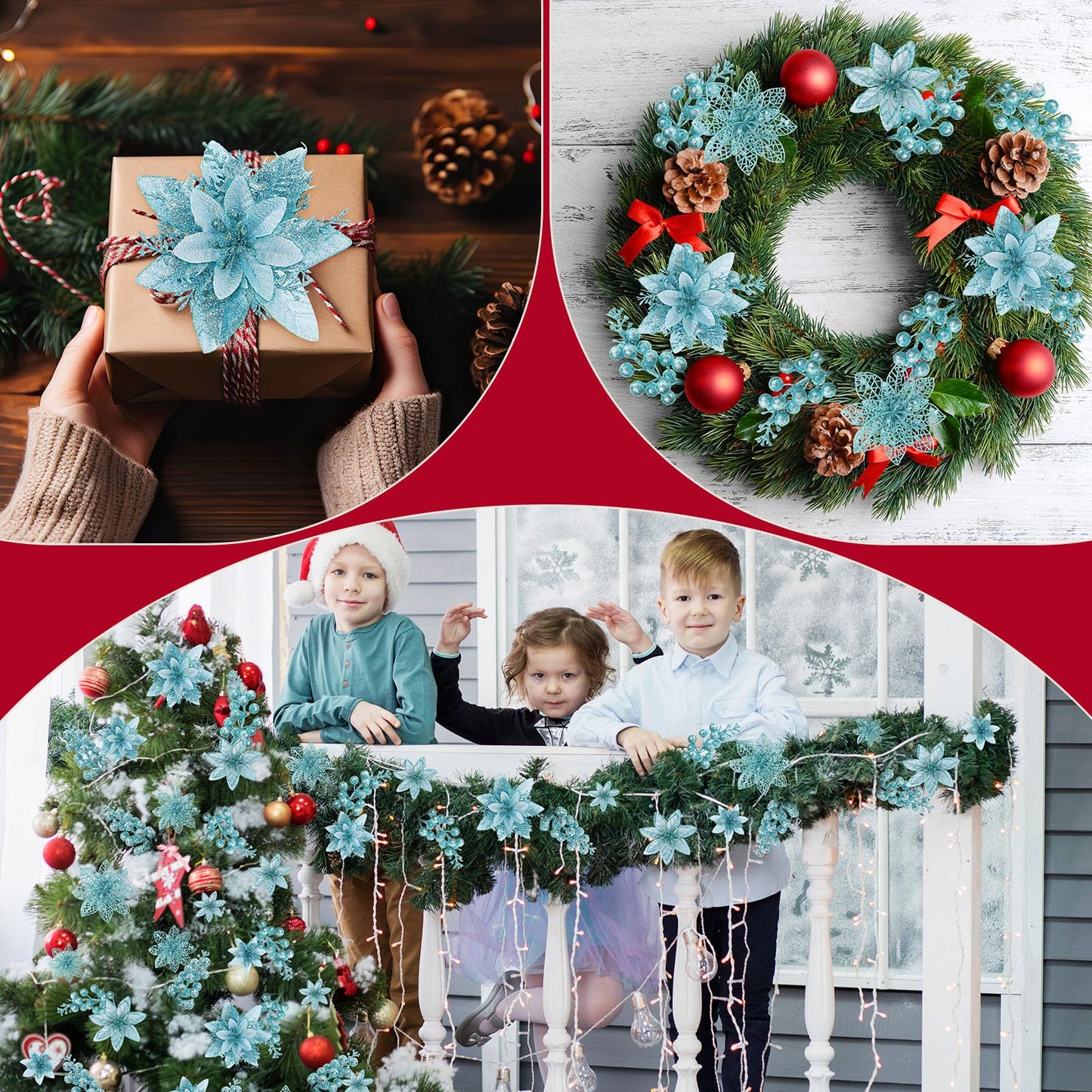 Zeyune 48 Pcs 3 Styles Christmas Glitter Poinsettia Flowers Artificial Berry Picks Artificial Christmas Flowers with Clips for Xmas Tree Wedding Wreath Holiday Party Decorations(Light Green)
