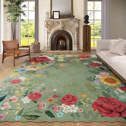 Washable Rugs for Living Room: 8x10 Area Rugs for Bedroom Soft Ultra Thin Stain Resistant Non Slip Low Pile Lightweight Vintage Floral Carpet for Dining Room Decor (Green)