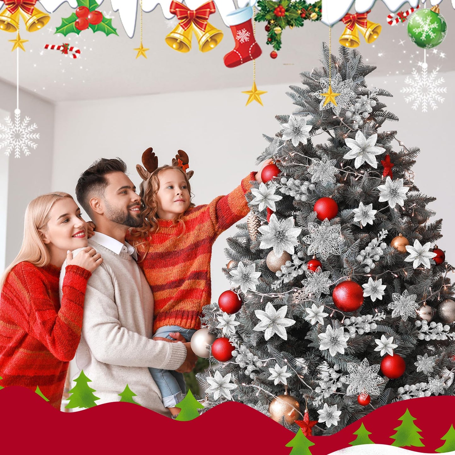 Zeyune 48 Pcs 3 Styles Christmas Glitter Poinsettia Flowers Artificial Berry Picks Artificial Christmas Flowers with Clips for Xmas Tree Wedding Wreath Holiday Party Decorations(Silver)