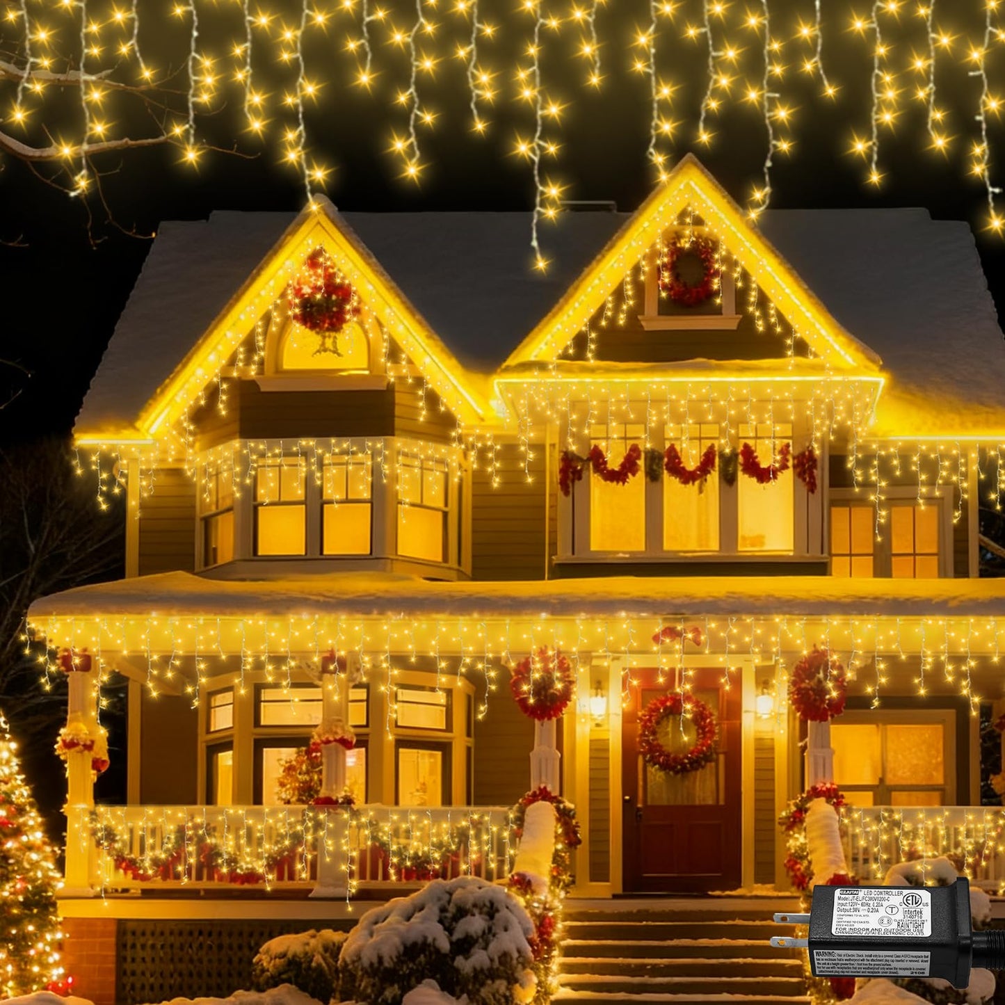 YEGUO 33ft 400 LED Icicle Lights Outdoor, 80 Drops Icicle Christmas Light Connectable, 8 Modes Warm White Xmas Icicle Lights with Timer Indoor