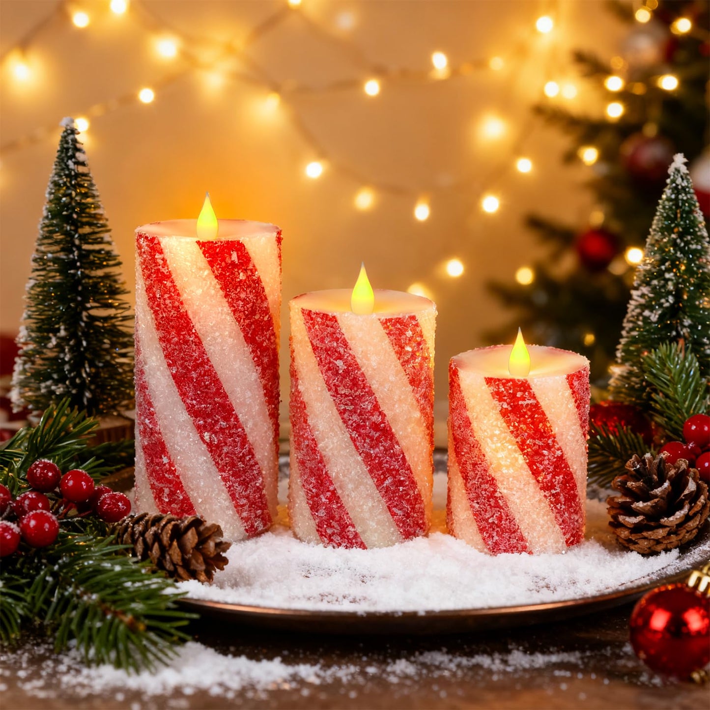 Christmas Pillar Flameless Candles Decor - Red and White Candy Cane Stripe LED Battery Operated Flickering Candles with Timer Remote Control Xmas Party Wedding Home Table Decoration
