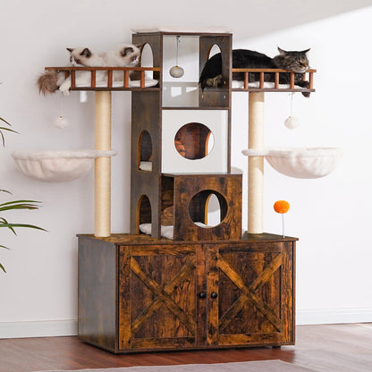 Heybly Cat Tree with Litter Box Enclosure for Indoor Big Cat, Cat Tower for Large Cats 20lbs Heavy Duty, Modern Cat Condo Furniture with Scratching Posts, Rustic Brown HCT110SR