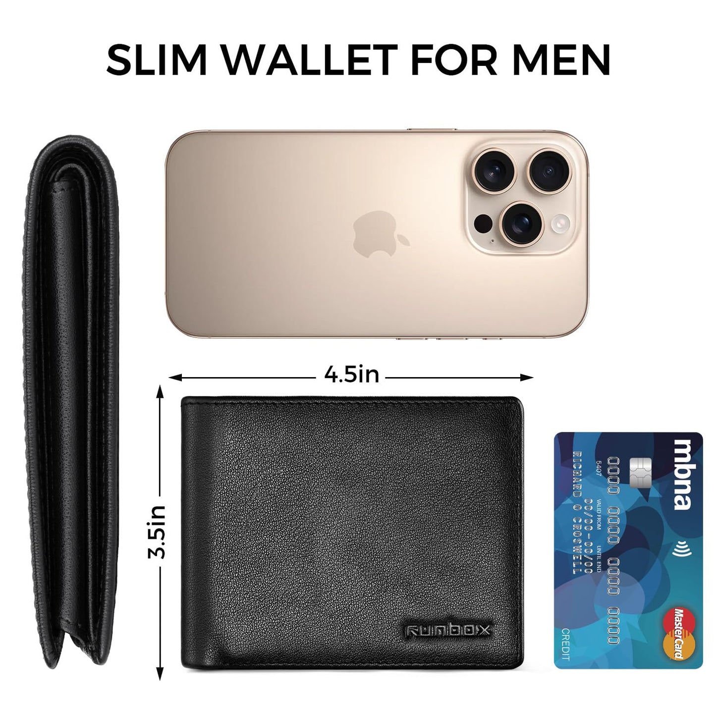 RUNBOX Leather Wallet for Men, Genuine Leather Mens Wallet Bifold Rfid Blocking with 12 Cards and 2 ID Windows, Minimalist Wallet for Men with Gift Box