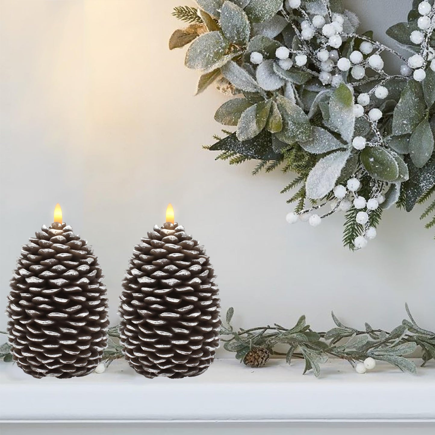 CVHOMEDECO. Pine Cone Candles Battery Operated Pinecones with Remote and Timer, Pine Cones Candle LED Flameless Flickering Candles for Fall, Christmas Decor. Silver-Brown, H 6.5 Inch, Pack of 2