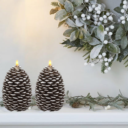 CVHOMEDECO. Pine Cone Candles Battery Operated Pinecones with Remote and Timer, Pine Cones Candle LED Flameless Flickering Candles for Fall, Christmas Decor. Silver-Brown, H 6.5 Inch, Pack of 2