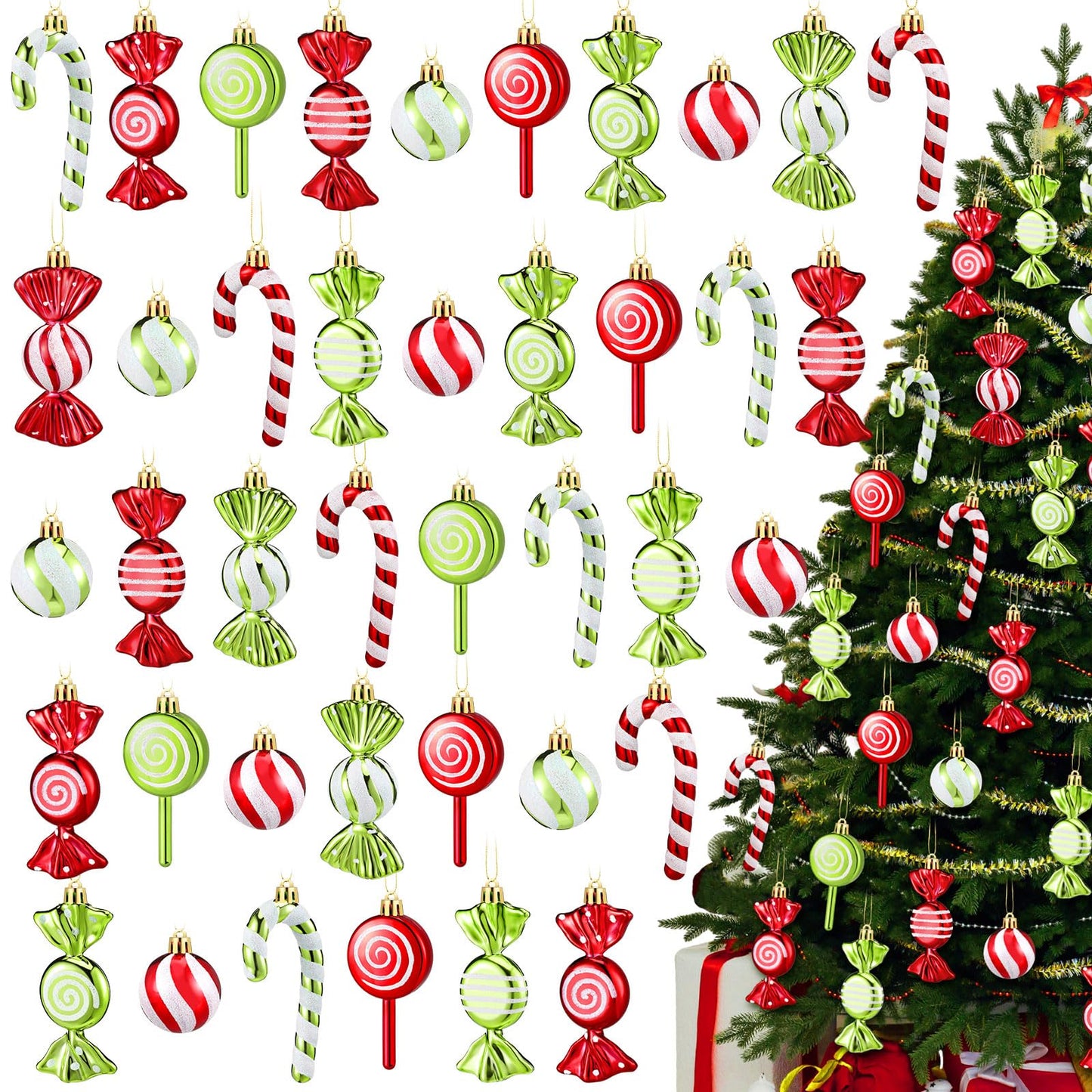 Liliful 30 Pcs Christmas Candy Cane Lollipop Ornaments Set Plastic Holiday Peppermint Candy Home Hanging Ornament Lollipop with Rope for Xmas New Year Party Decor(Red Green White)