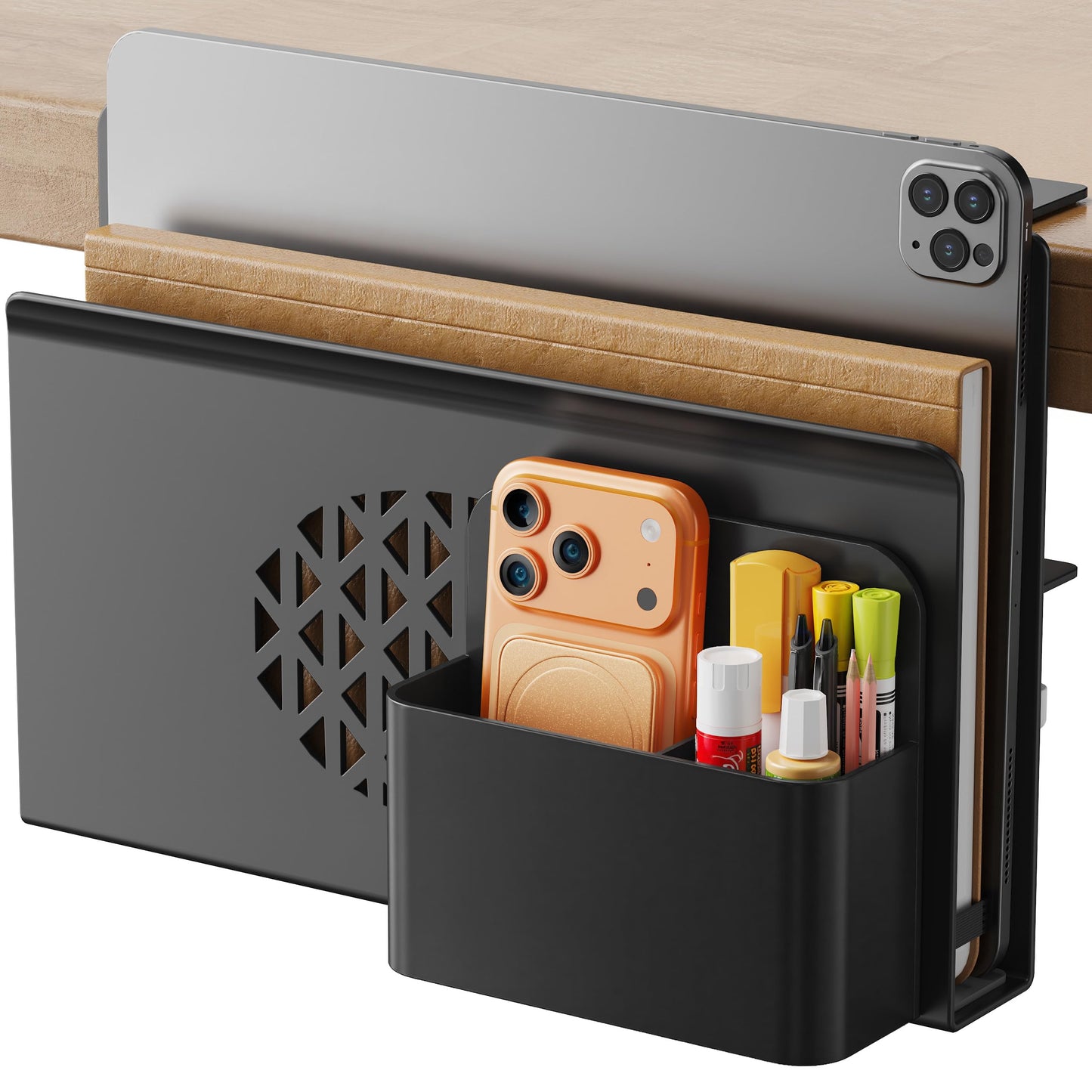 Josmimic Desk Side Storage, Metal Laptop Holder with Magnetic Pen Box, Clamp-On Under Desk Organizer with Cooling Holes & Anti-Scratch Pads for Office and Home (Black)