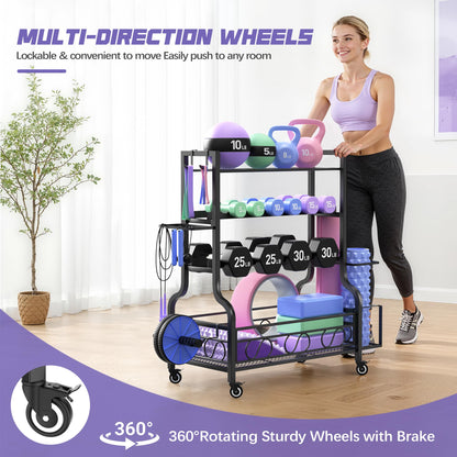 Dumbbell Weight Rack, Home Gym Storage for Kettlebells Yoga Mat and Balls, All in One Workout Storage with Wheels and Hooks, Powder Coated Finish Steel