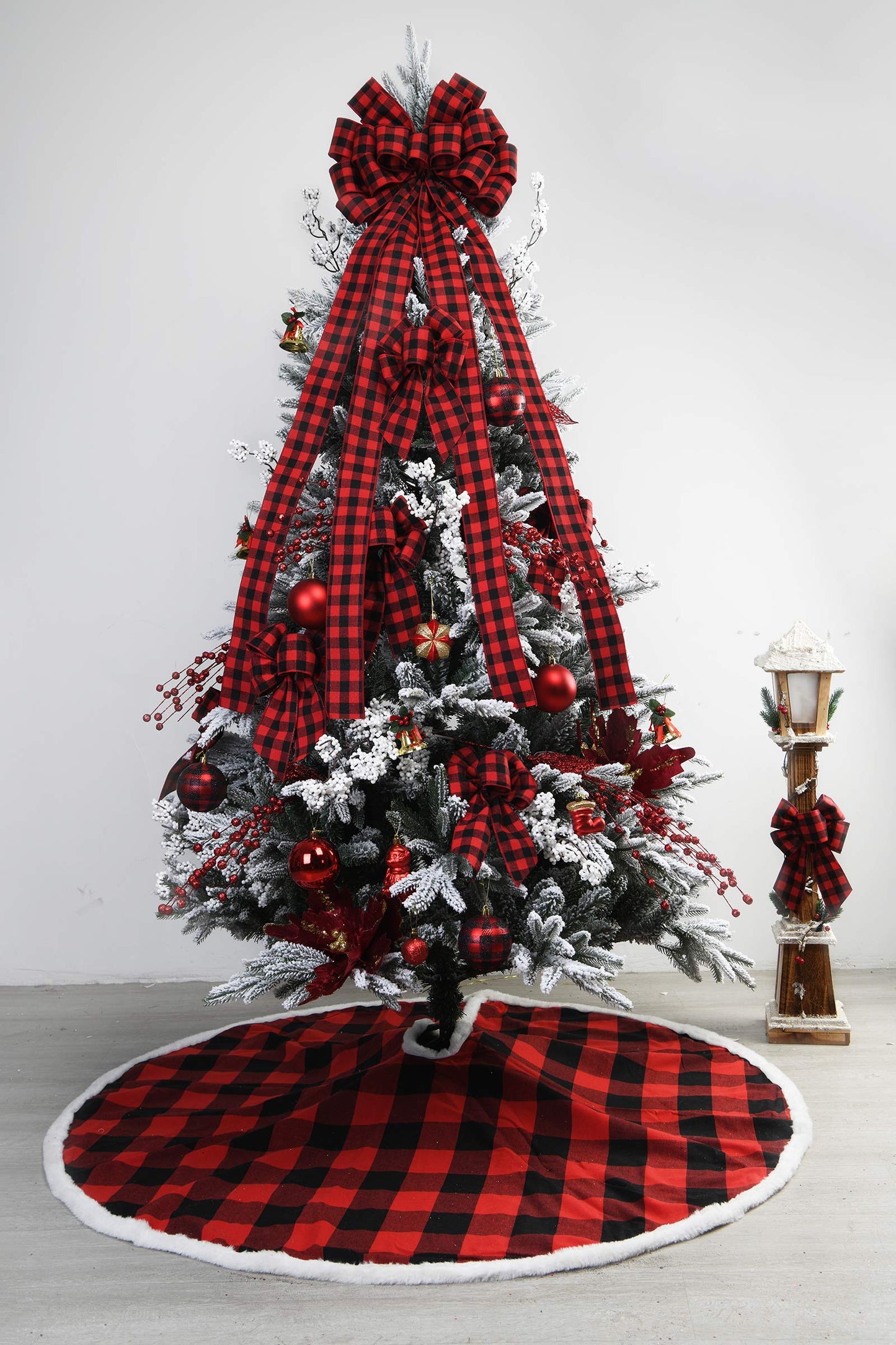 Christmas Checked Tree Topper,48x13 Inches Large Toppers Bow,Red and Black Plaid Buffalo Decorative Bows for Christmas Decoration (Red and Black Plaid)