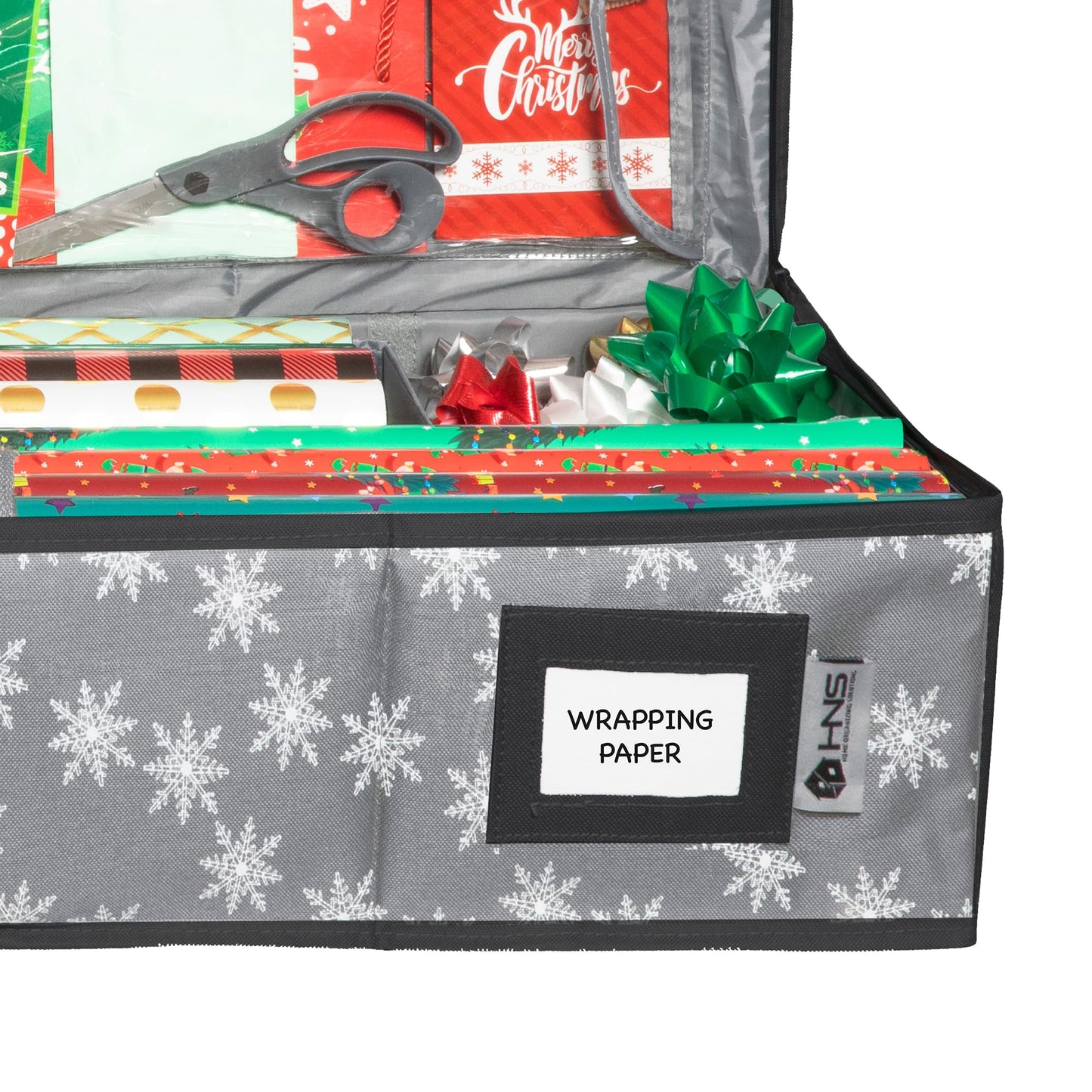 HOLDN’ STORAGE Premium Wrapping Paper Storage Container - Durable 600D Tear-Proof, Fits 27 Rolls Gift Wrap, Extra Pockets for Ribbons & Bows, Underbed Storage - Ideal for Holiday Christmas, Grey/White Snowflakes