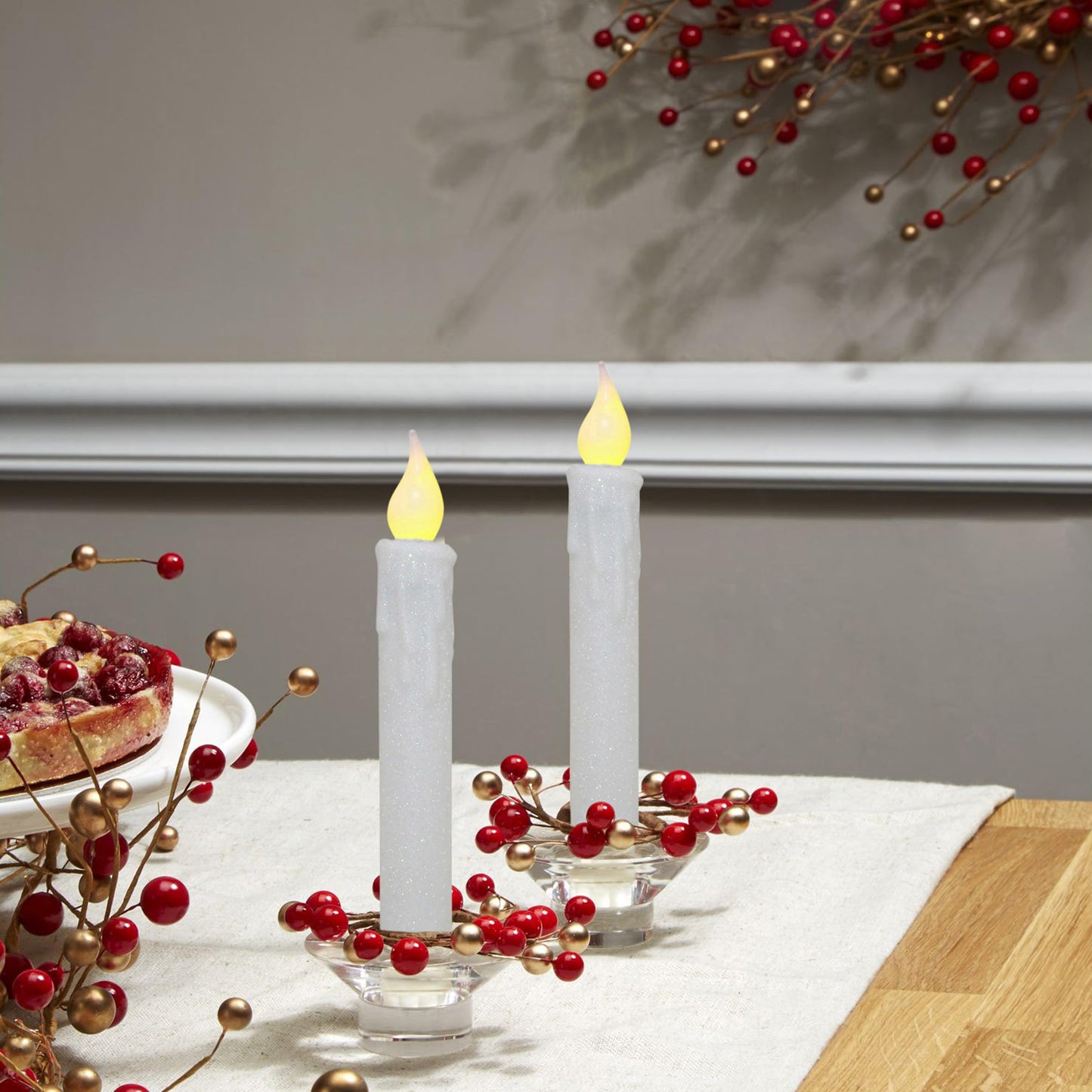 CVHOMEDECO. Glitter Flameless Candles Flickering Battery Operated LED Taper Candles with Timer for Home, Wedding, Halloween, Christmas Decor. Glitter White, 6-3/4 Inch, Set of 2