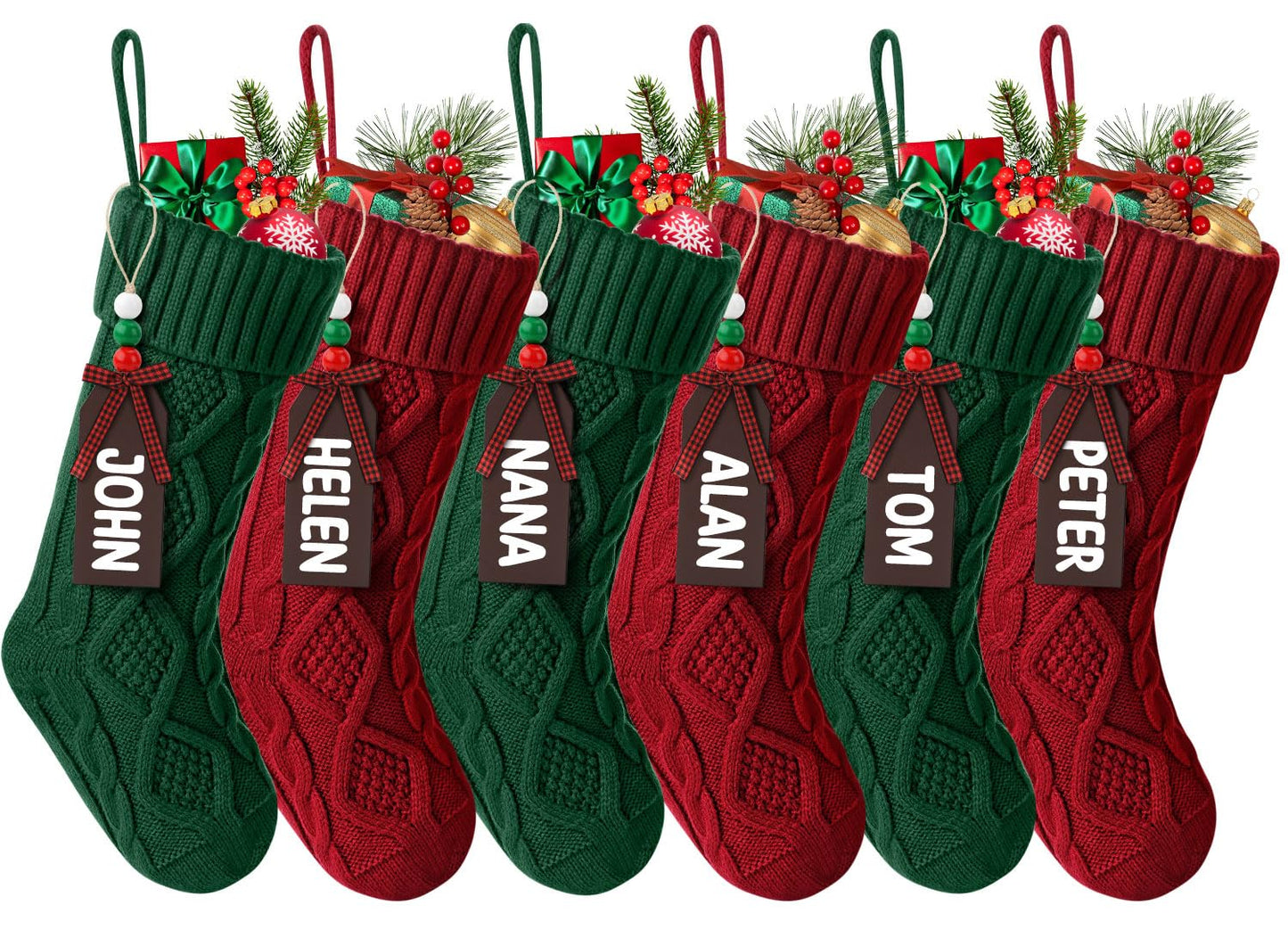 Hommtina Christmas Stockings, Personalized Christmas Stockings 18 Inches Large Size Cable Knitted Stocking Gifts (6pcs red&Green)