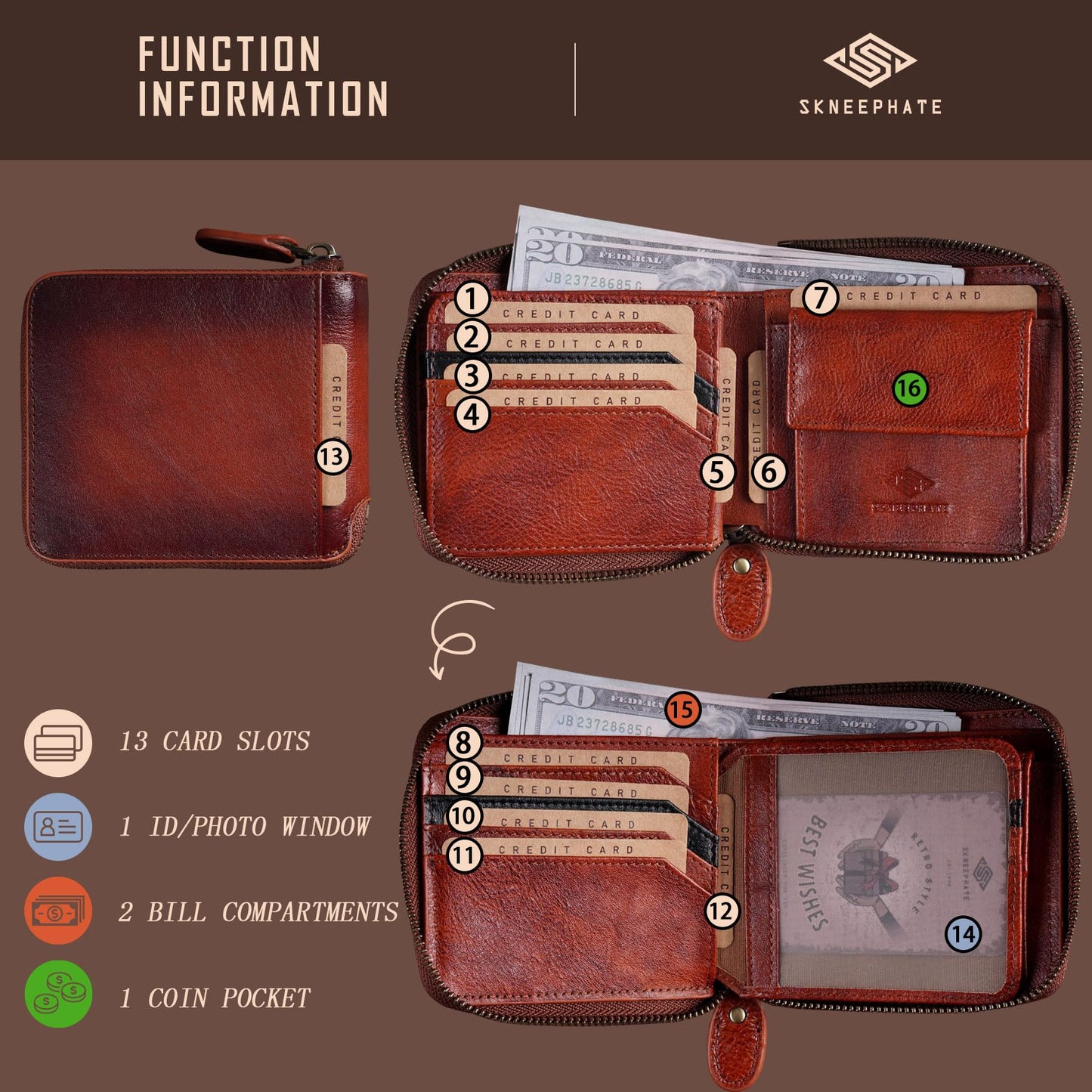 skneephate Zipper Wallet For Men,Men's Leather Wallets With Coin Pocket,Extra Capacity,RFID Blocking,Gifts for Him Husband (brown)