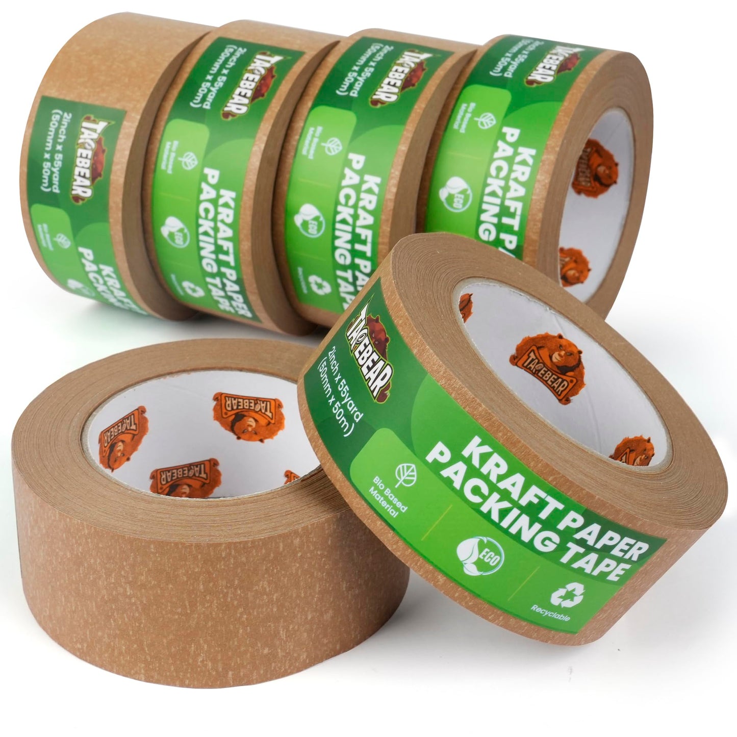 TAPEBEAR Eco-Friendly Kraft Paper Tape, Biodegradable Heavy Duty Packing Tape 2Inch x 55Yard, Recyclable Packaging Tape Self Adhesive Box Tape for Shipping, Sealing, Moving & Masking, 6Rolls