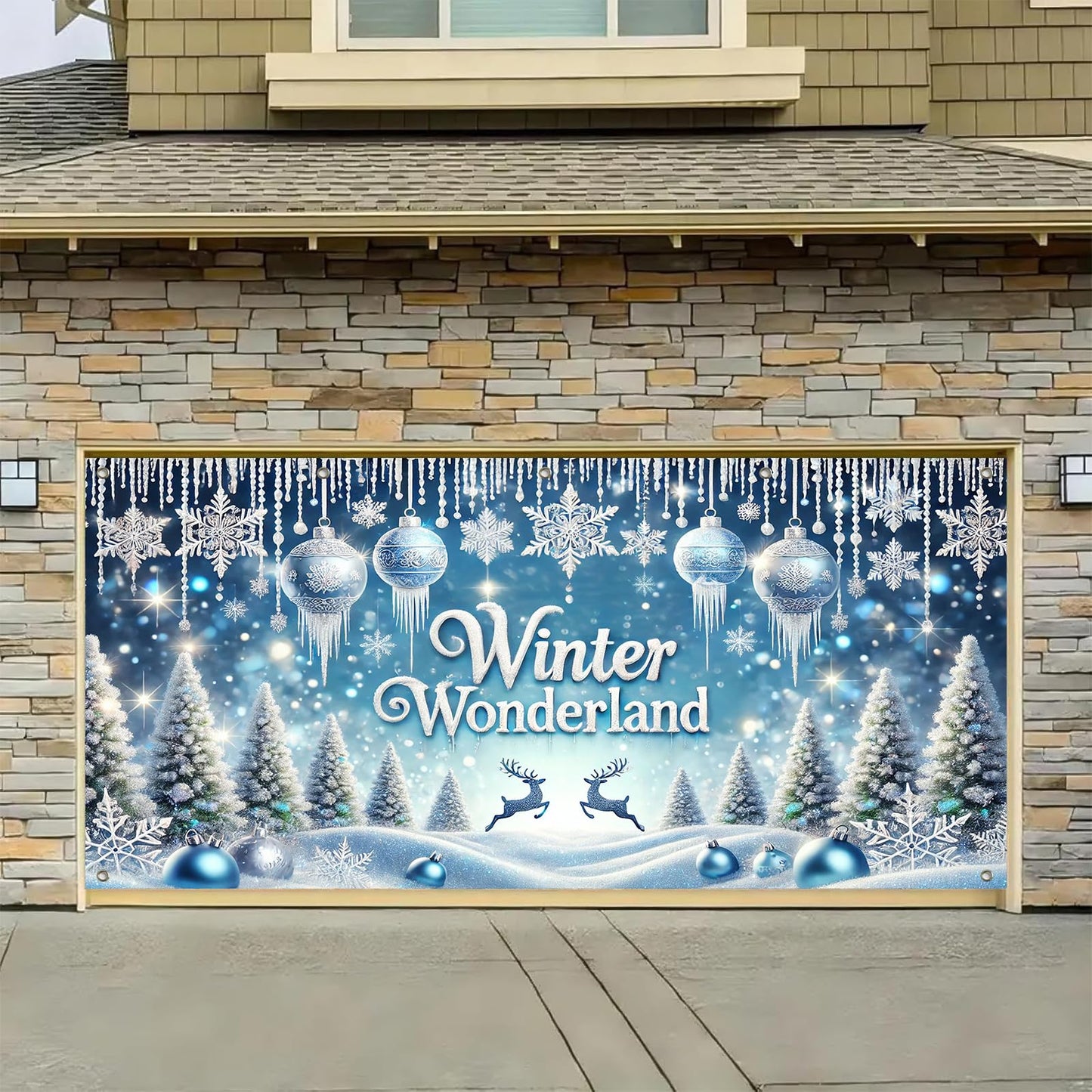 HOMETITUTE Winter Wonderland Garage Door Banner 13x6ft Snowy Landscape Decoration Frost Covered Trees Photo Prop Background for Peaceful Holiday Outdoor Festive Display Party Supplies