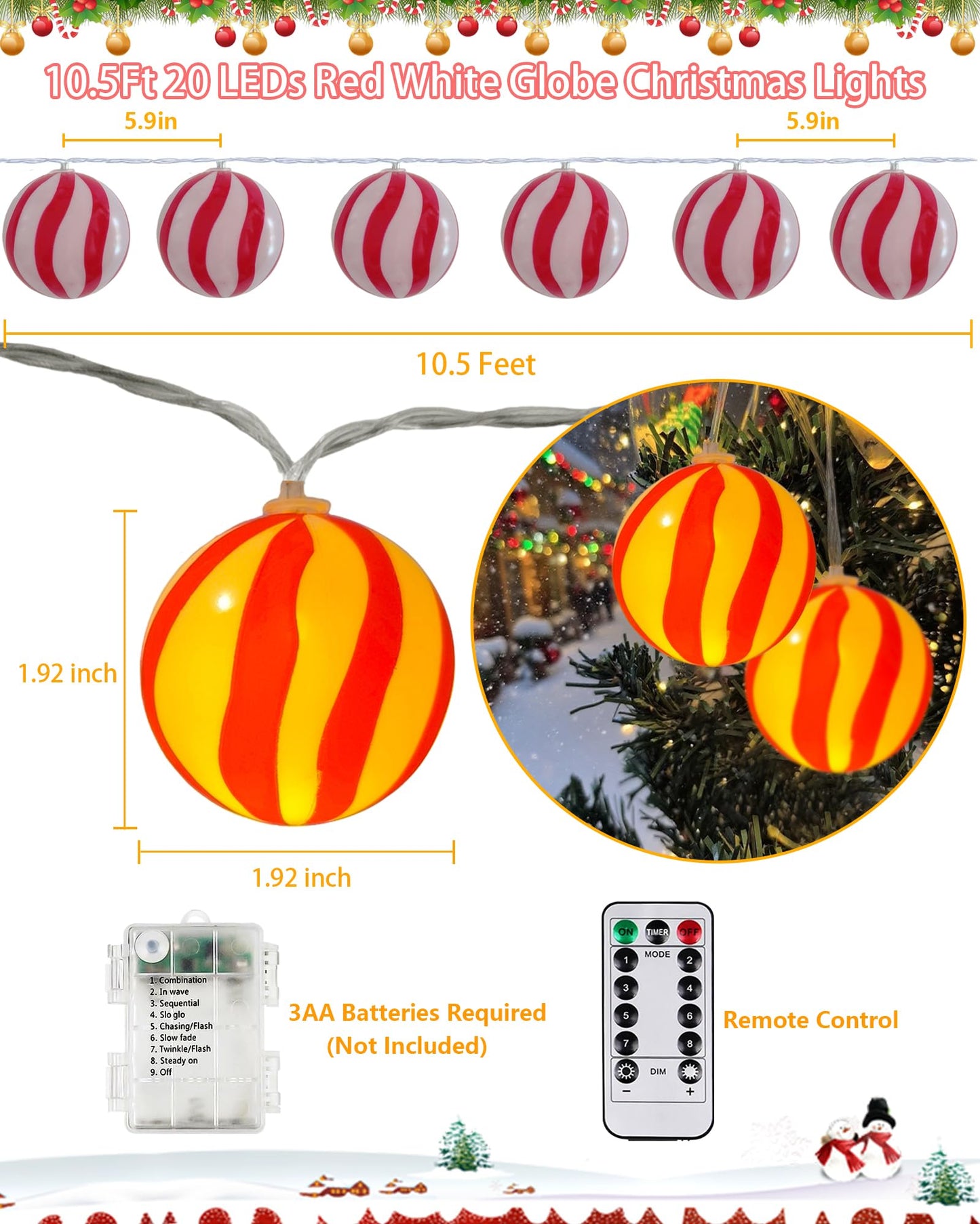 Myhimx Christmas Lights Battery Operated 10Ft Red and White Christmas Ball Ornament Light 20 LED Candy Globe String Lights with 8 Modes & Timer for Outside Indoor Bedroom Patio Office Home Xmas Tree