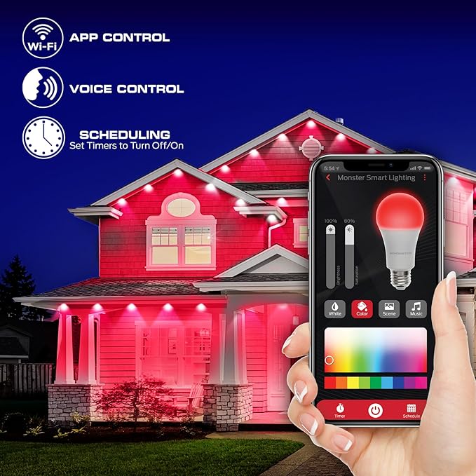 Monster Smart Permanent Outdoor Lights, 200ft, 144 LED Eaves Lights, RGB+IC+WW, Weather & Water Resistant, App & Voice Control, Compatible with Alexa & Google, Halloween, Christmas, Year-Round