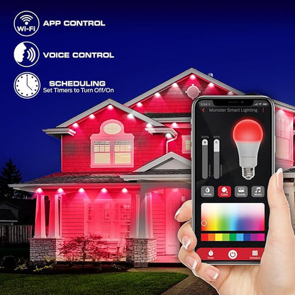 Monster Smart Permanent Outdoor Lights, 100ft, 72 LED Eaves Lights, RGB+IC+WW, Weather & Water Resistant, App & Voice Control, Compatible with Alexa and Google, for Halloween, Christmas & Year-Round