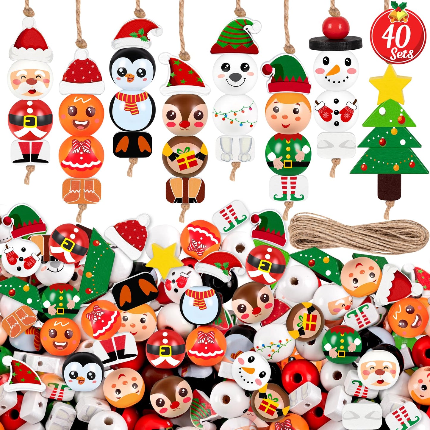 40Sets Christmas Wooden Beads Ornaments Crafts Kits：DIY Xmas Santa, Elf, Gingerbread, Penguin, Reindeer, Snowman, Tree Winter Decorations Stocking Stuffers Goodie Bag Party Supplies