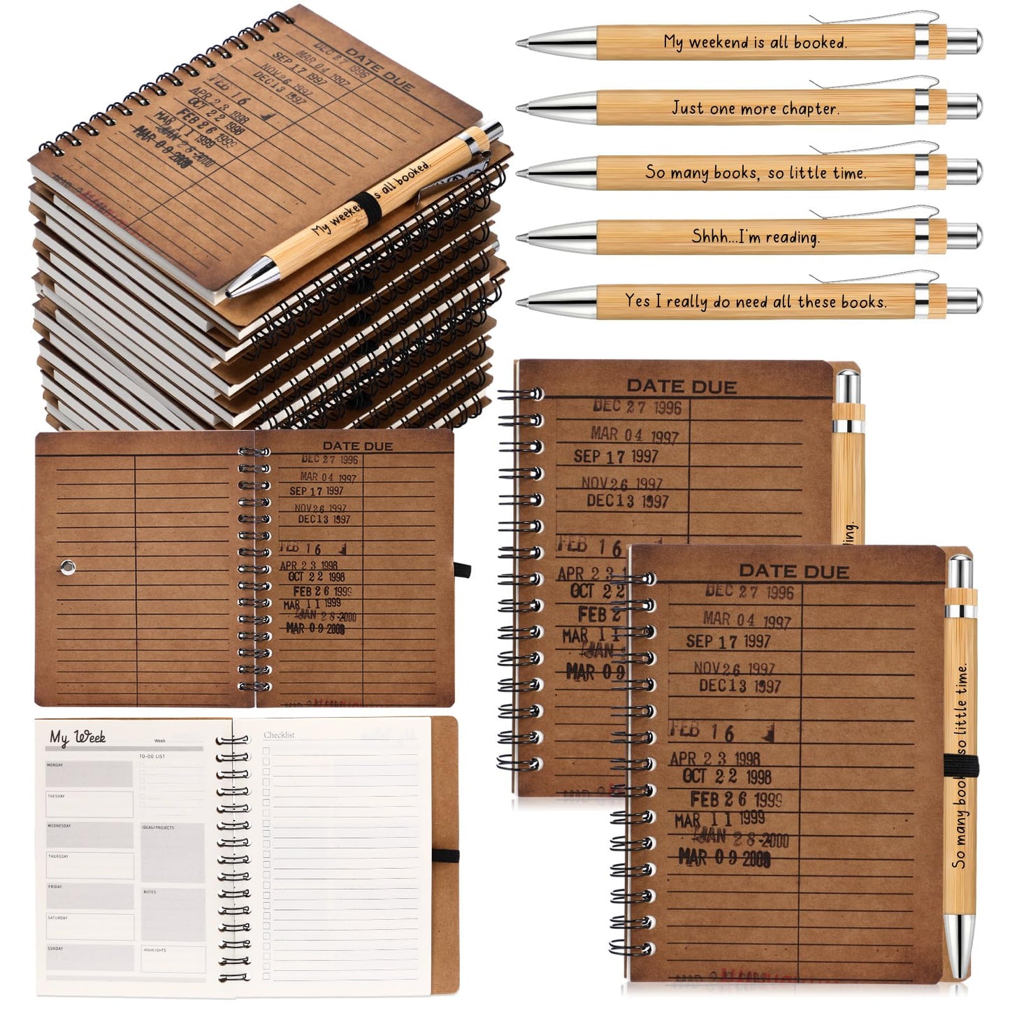 Resurhang 10 Sets Book Club Gifts Journal A6 Library Due Date Spiral Notebooks Planners with Bamboo Pens to Do List Reading Journals Gifts for Women Teacher Reader Student Librarian