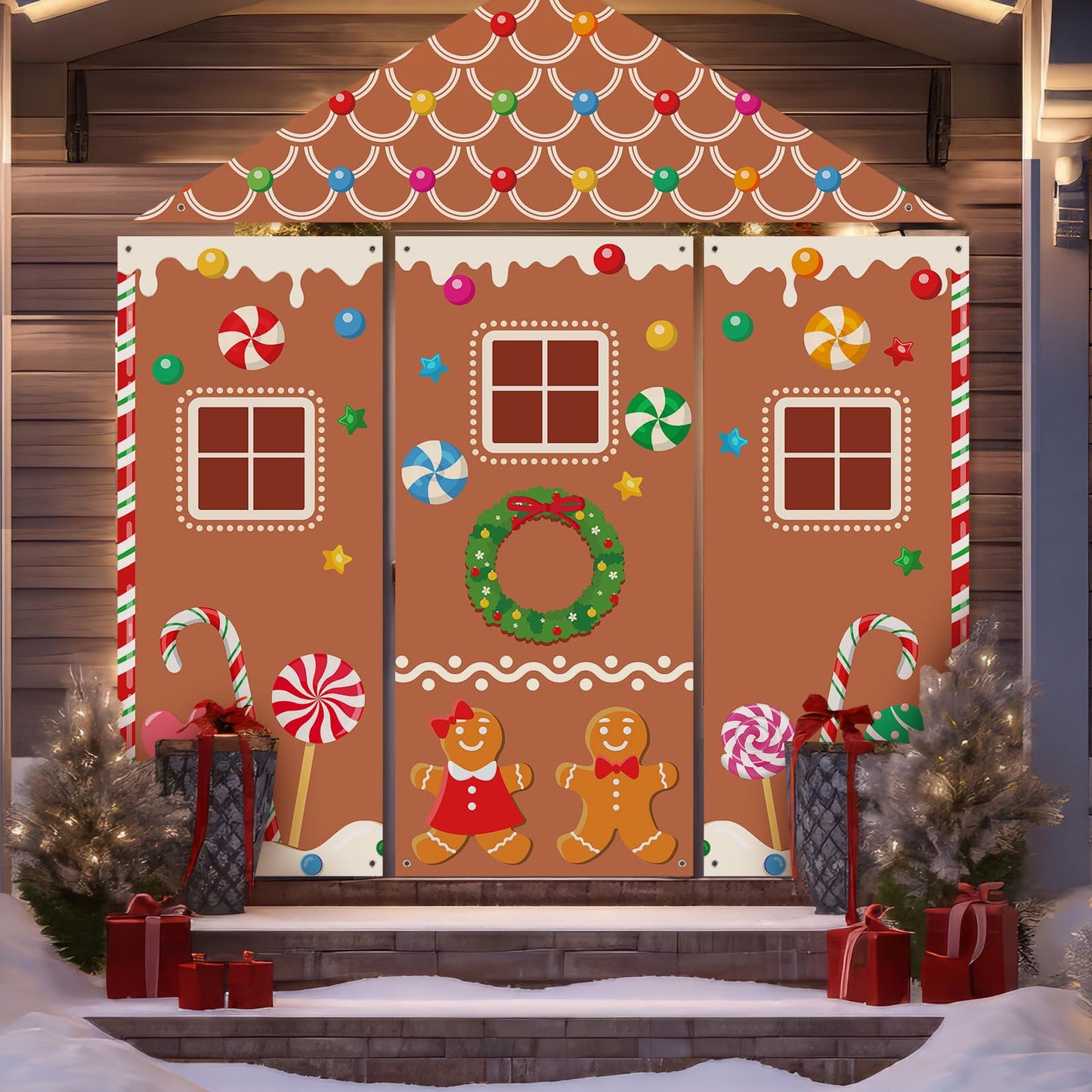 VitalCozy 4 Pcs Christmas Gingerbread Door Decoration Xmas Gingerbread House Candy Door Covers Backdrop Christmas Hanging Banner Porch Sign for Holiday Classroom Office Home Party Decor(Brown)