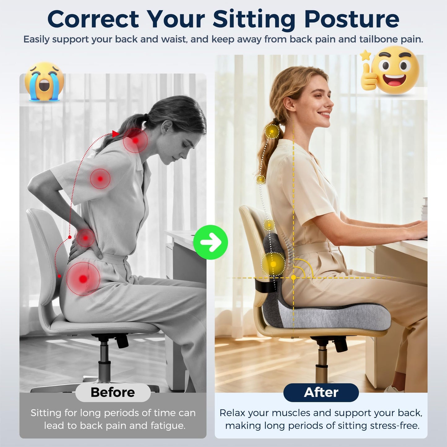 Seat Cushion, Office Chair Cushions for Tailbone Relief, Seat Cushions for Office Chair with L-Shaped Ergonomic Design & Adjustable Strap, Memory Foam Chair Cushion for Long Sitting Worker(Black Gray)