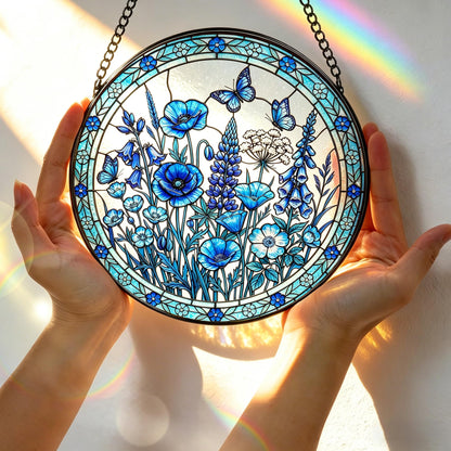 Stained Glass Window Hanging, 7.8 Inch Blue Floral Stained Glass Sun Catcher, Suncatchers for Windows, Window Hanging Ornaments, Spring Gift for Mom, Garden Lover Gift, Mother's Day & Birthday Gift
