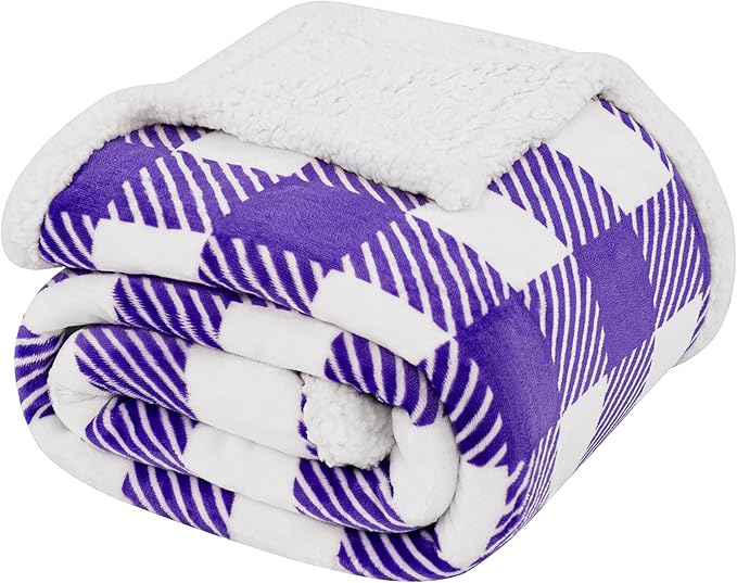 Touchat Sherpa Plaid Twin Blanket 60" X 70", Fuzzy Fluffy Soft Cozy Throw Blanket, Twin Size Plush Fleece Flannel Plush Microfiber Blanket for Couch Bed Sofa (PurpleWhite)