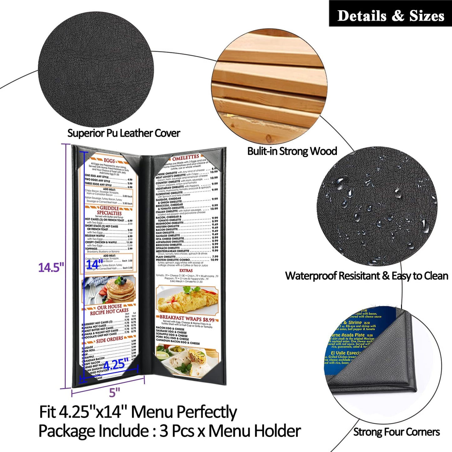 4.25 x 14 inches Leather Menu Covers with Strong Wood Insde, 2 Views Leather Menu Holder Book Style Double Fold Panel for Restaurant Coffee Bars Hotels (4.25" x 14 "/ Two Views /3packs)
