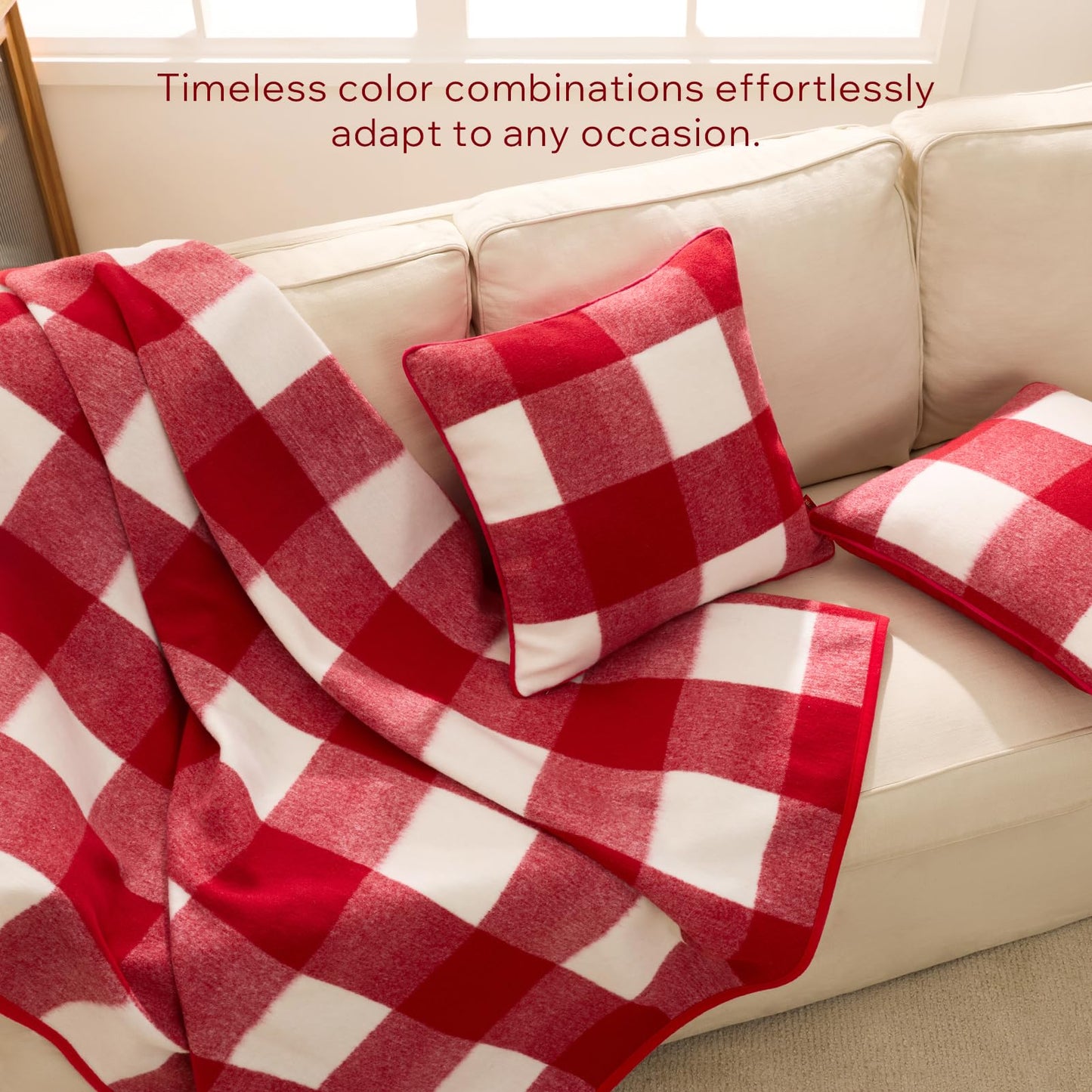 Phantoscope Pack of 2 Christmas Throw Pillow Covers, Premium Faux Wool Buffalo Check Pillow Covers with Locking Edge Xmas Plaid Decorative Pillows for Couch, Red, 18 x 18 inch