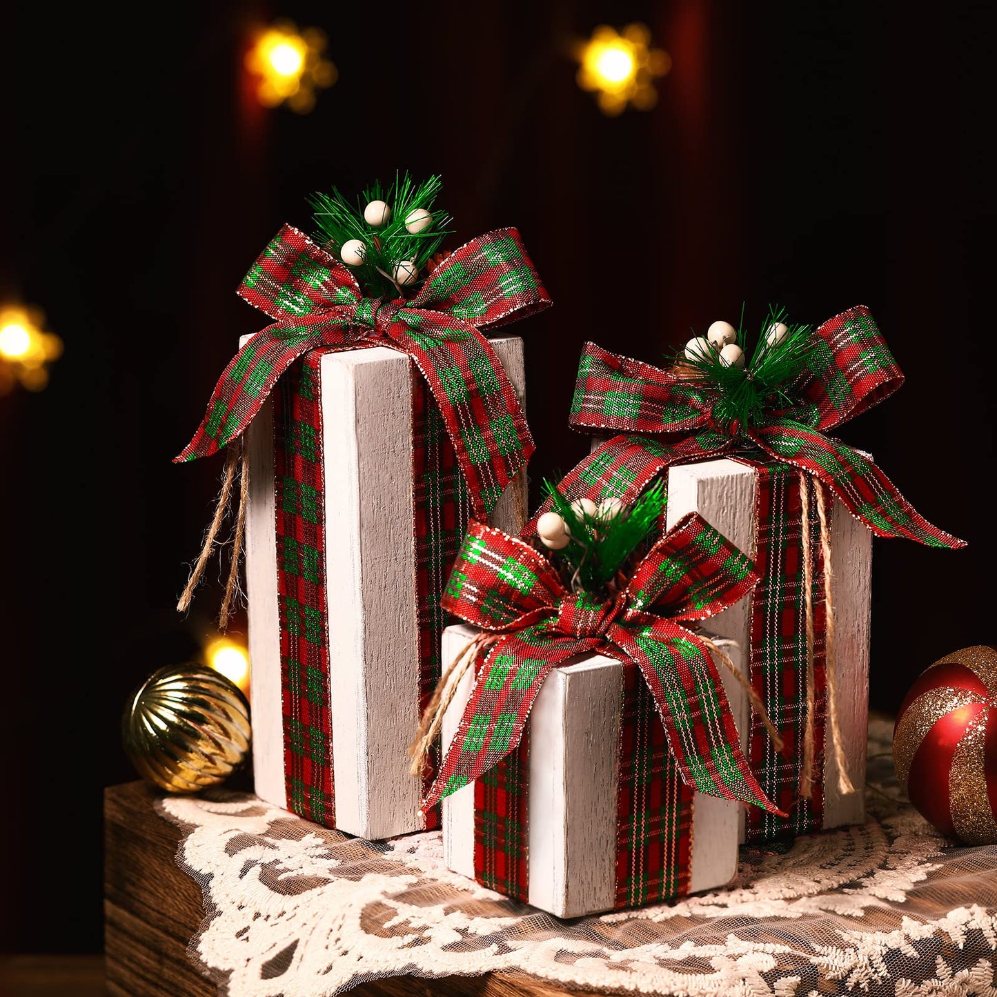 Amyhill 3 Pcs Christmas Wooden Gifts Box Decor Christmas Plaid Presents Table Centerpieces Rustic Wooden Gifts Tiered Tray Decor with Buffalo Plaid Bowknot for Xmas Party(White,Retro)