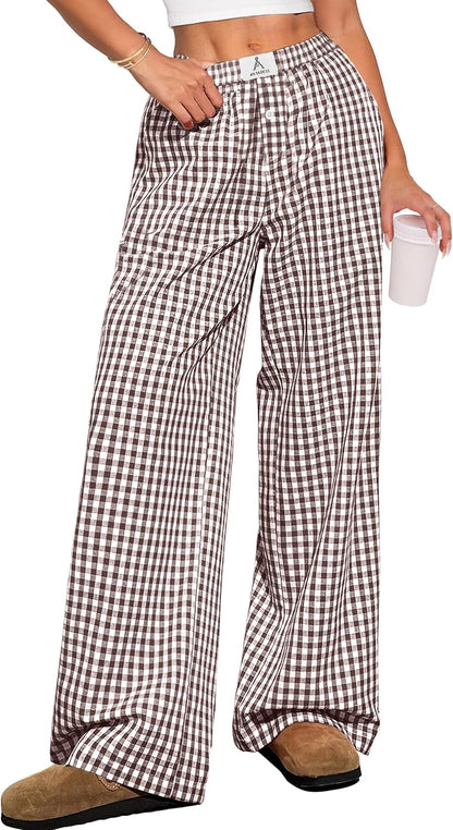 ANRABESS Womens Striped Gingham Pants 2025 Pajama Lounge Boxer Pants Cute Comfy PJ Bottoms with Pockets Y2K Plaid Outfits