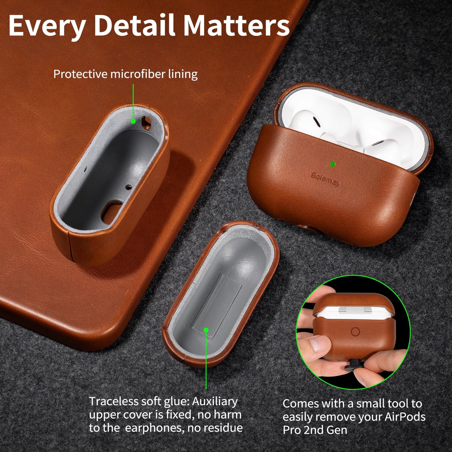 Belemay for AirPods Pro 2nd Generation Case, Compatible with MagSafe and Wireless Charging, Luxury Full-Grain Smooth Leather, Unique Patina, Comfort Grip, Compatible with Airpods Pro 2, Brown