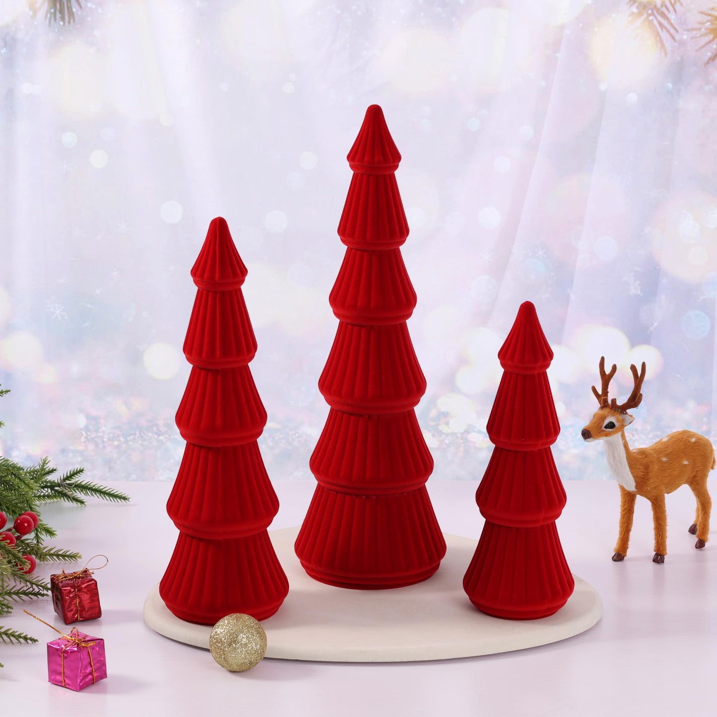 Fivebop Wooden Christmas Tree Figurine, 3 Pcs Tabletop Xmas Tree, Christmas Centerpiece Decor for Home Entryway Mantel Shelf Table Fireplace Holiday (Red-Wood & Velvet)