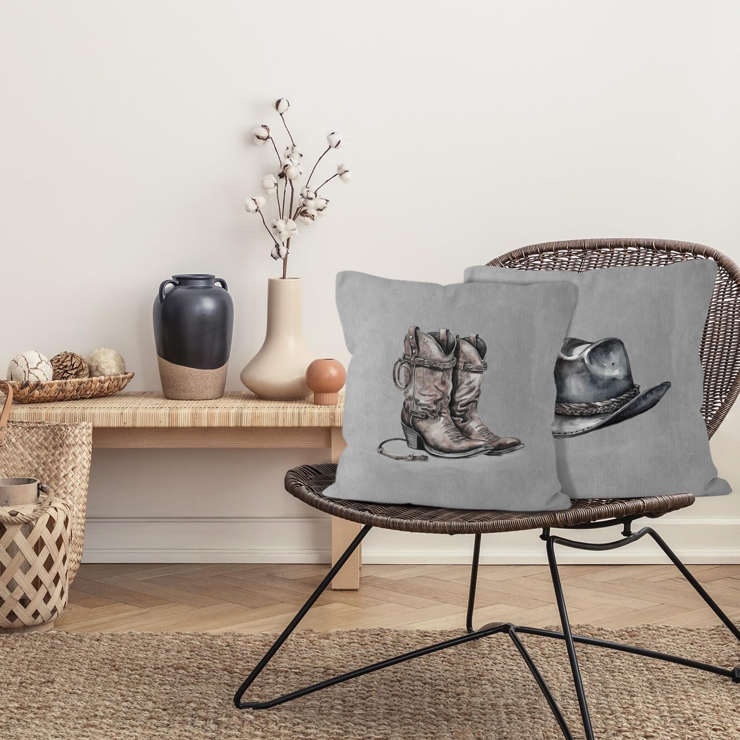 VRW Western Cowboy Hat Boots Throw Pillow Covers Set of 2, Classroom Pillow Covers, Rustic Grey Pillow Covers for Farmhouse Decor, Pillowcase for Western Home Decor Rustic, Western Gifts, 18x18