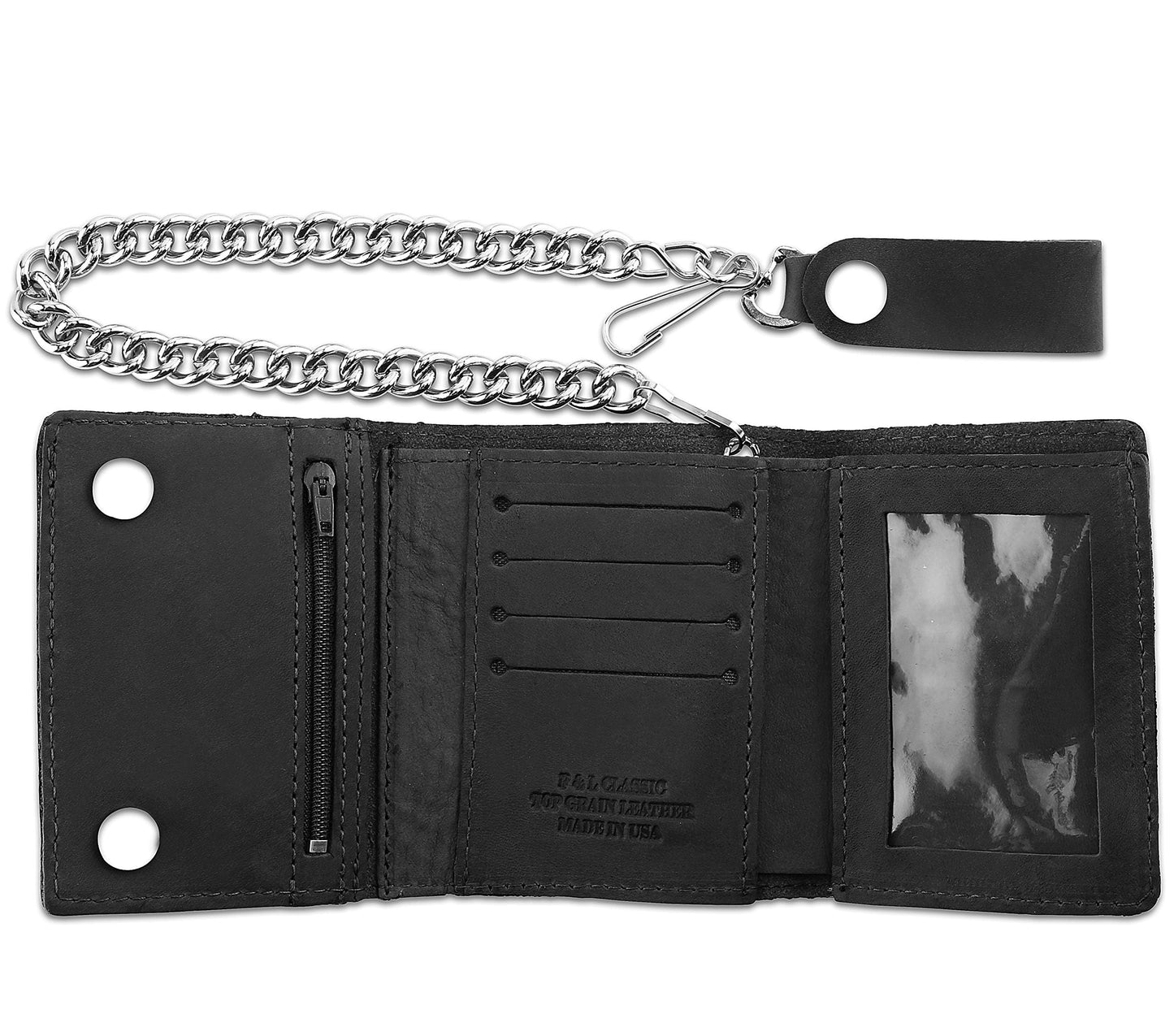 RFID Blocking Men's Tri-fold Vintage Biker Cowhide Leather Steel Chain Wallet,Snap closure, Made In USA,tc315-solid black
