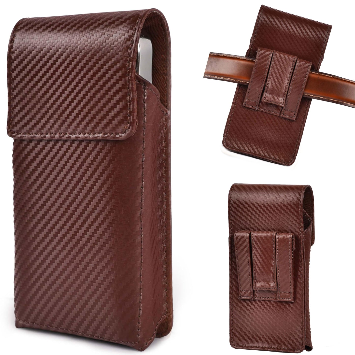 LEATHER VILLAGE Carbon Fiber Genuine Leather Phone Holster with Belt Clip - Compatible with iPhone 16, 16 Pro, 15, 15 Pro, 14, 14 Pro, 13, 13 Pro, 12, 12 Pro, 11, Galaxy S25, S24, S23 - Brown - M