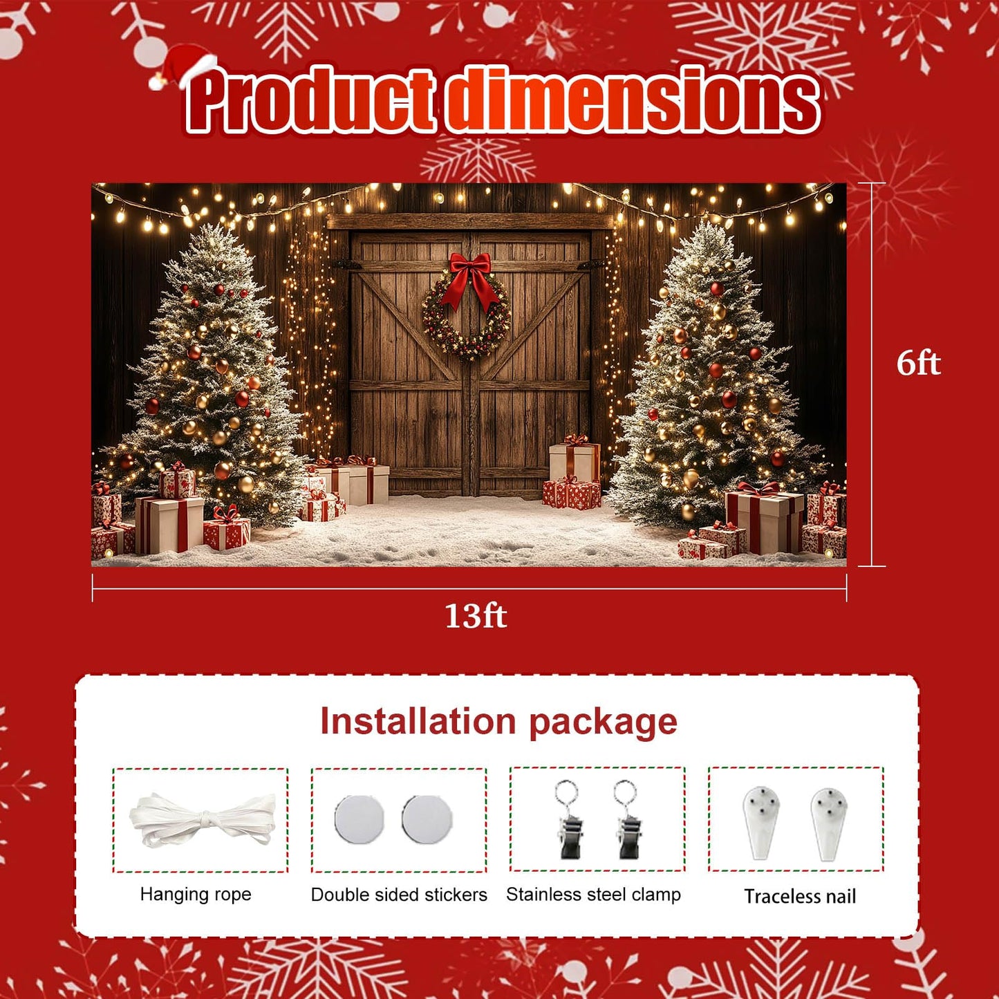 HOMETITUTE Christmas Garage Door Banner 13x6ft Wooden Wall Style Holiday Decoration with Xmas Trees Gift Boxes Snowflakes Hanging Lights andfor Outdoor Yard or Wall Backdrop