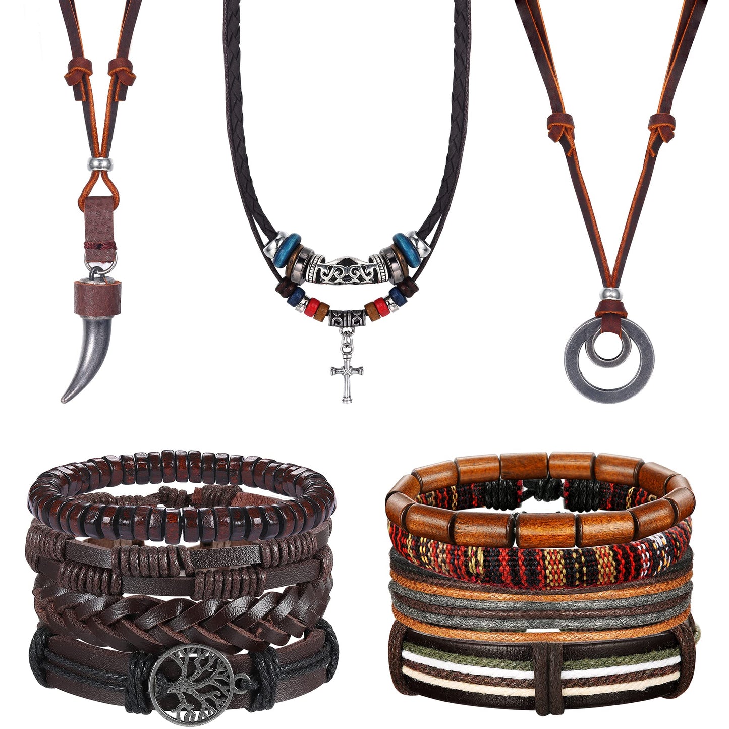 Sanfenly Leather Necklace Bracelet for Men Tribal Wolf Tooth Wood Bead Cross Pendant Necklaces Braided Wristband Vintage Brown Jewelry Set Adjustable