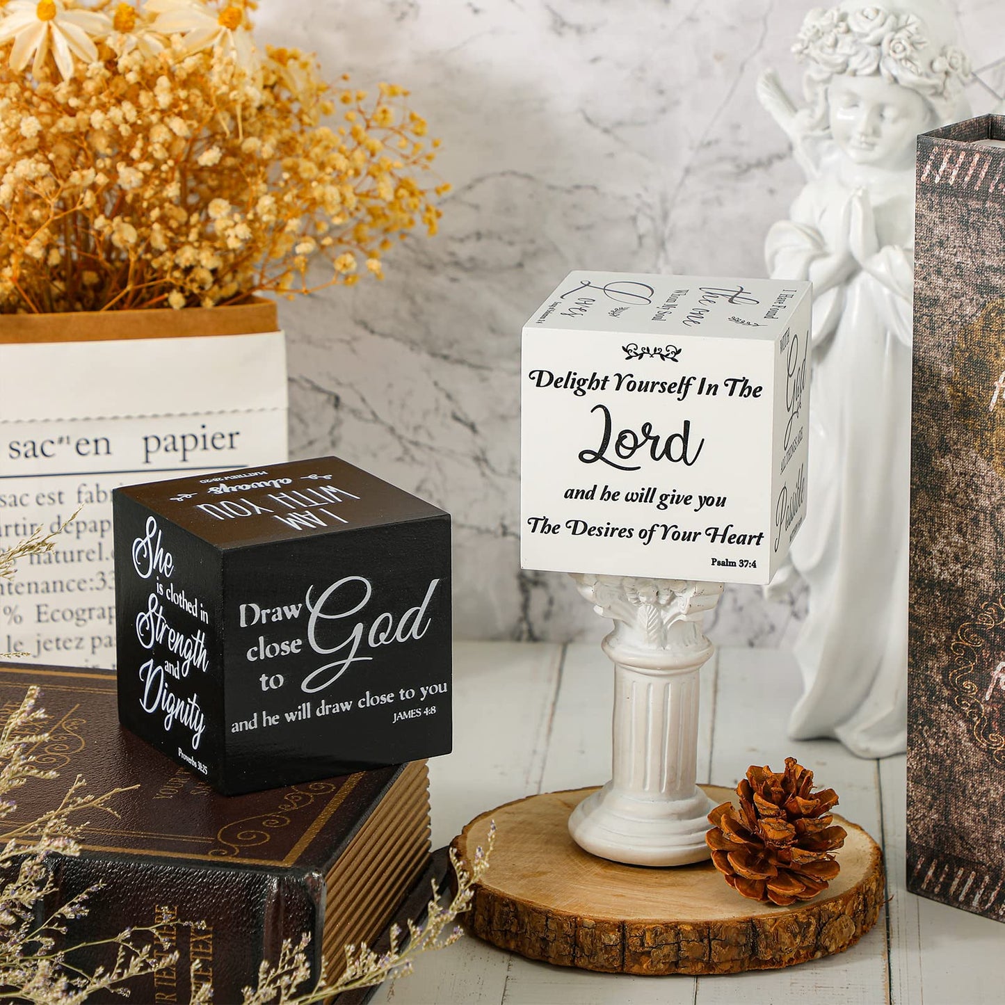 2 Pcs Bible Verse Mini Wood Signs Father Day Gift Christian Decor Be Still and Know Religious Sign Wooden Scripture Desk Decor Rustic Bible Verse Blocks Home Word Plaque, 3.35 Inch(Vivid Style)