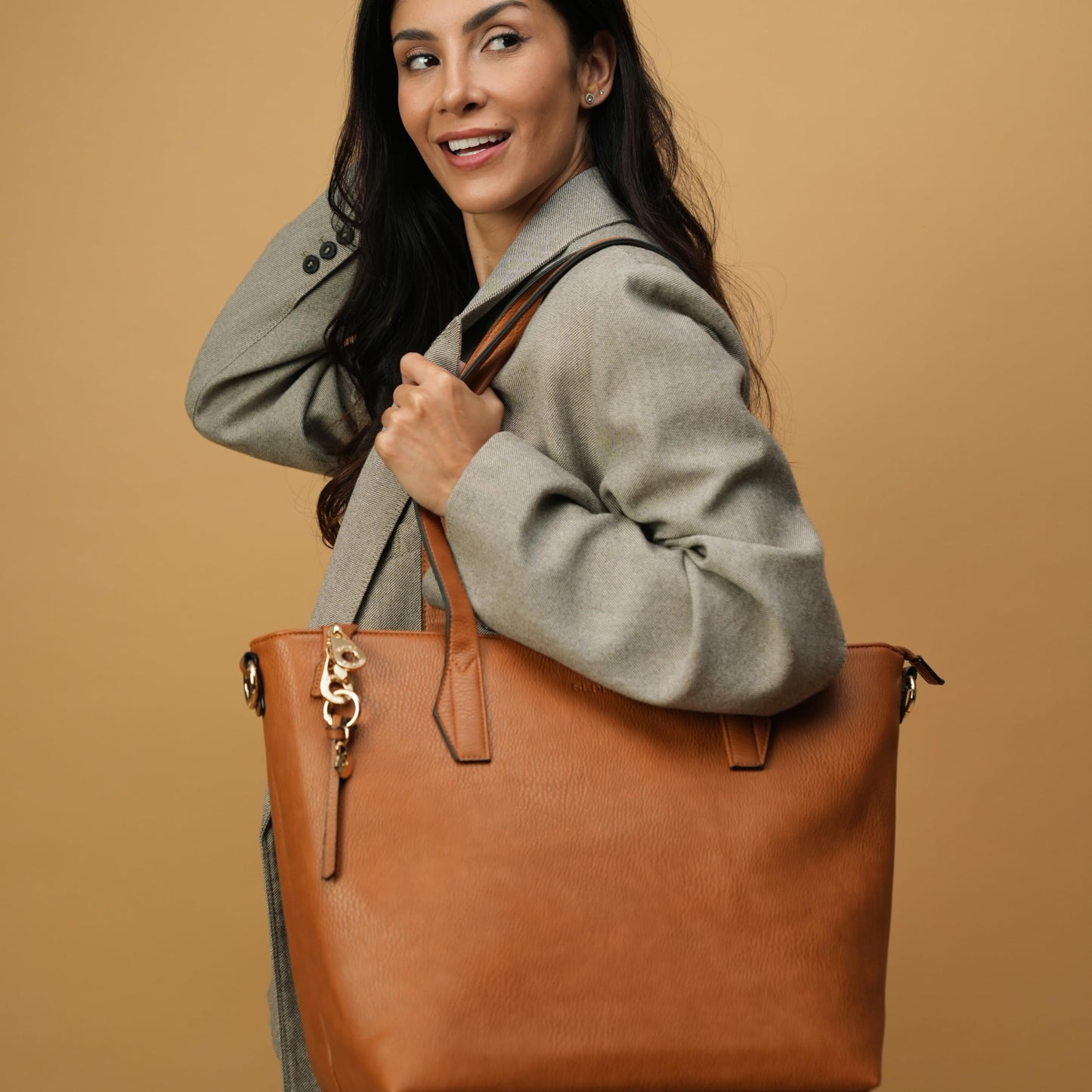 sedena Women’s 16” Laptop Tote Bag – Brown Vegan Leather Work Bag with Cupholder, RFID Pockets, Anti-Pickpocket Zipper, Travel Tote with Trolley Sleeve & Detachable Laptop Sleeve