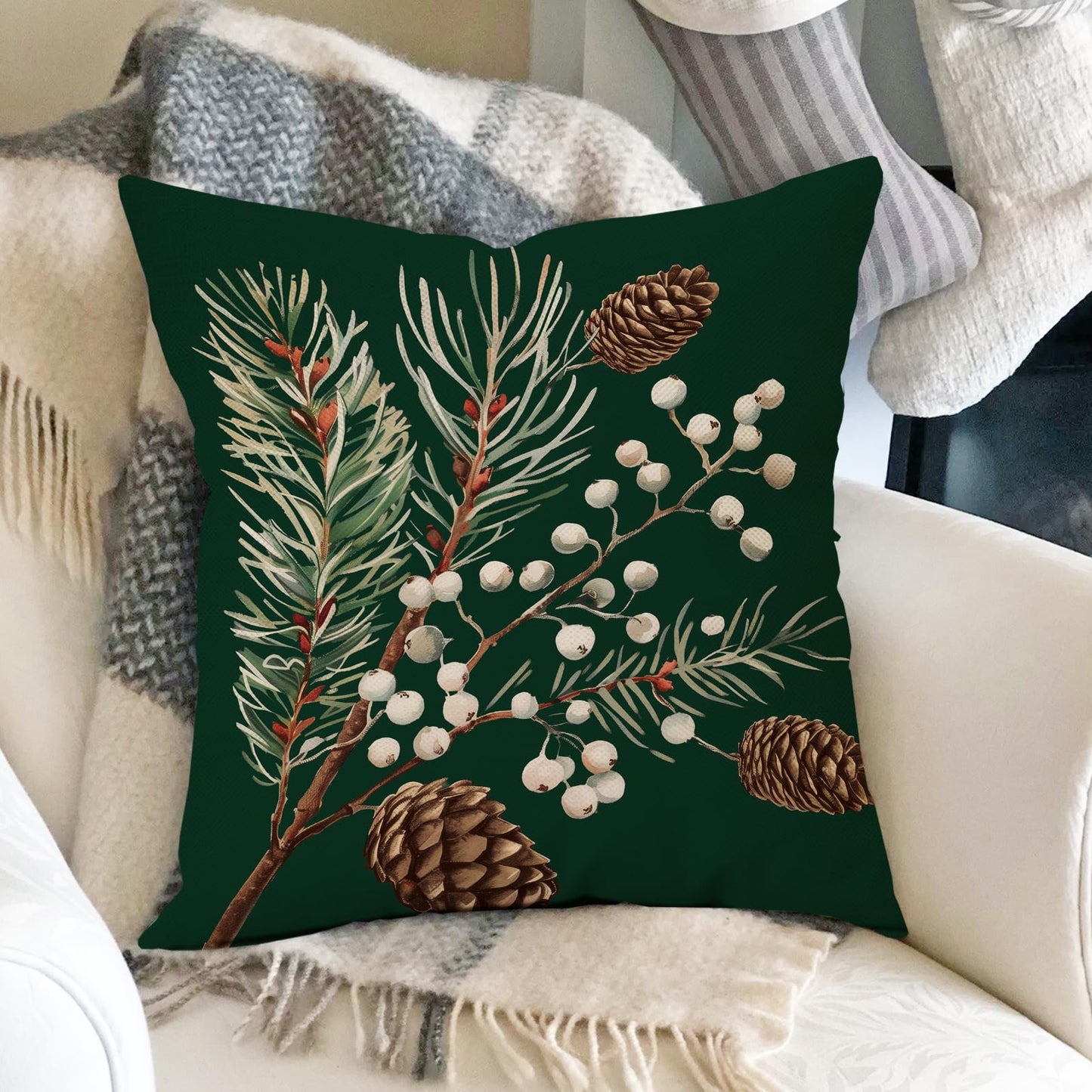 Fahrendom Winter Vibes Green Decorative Throw Pillow Covers 18 x 18 Set of 4, Let It Snow Pine Cones Needle Berry Porch Patio Outdoor Pillowcase, Christmas Seasonal Sofa Couch Cushion Case Home Decor