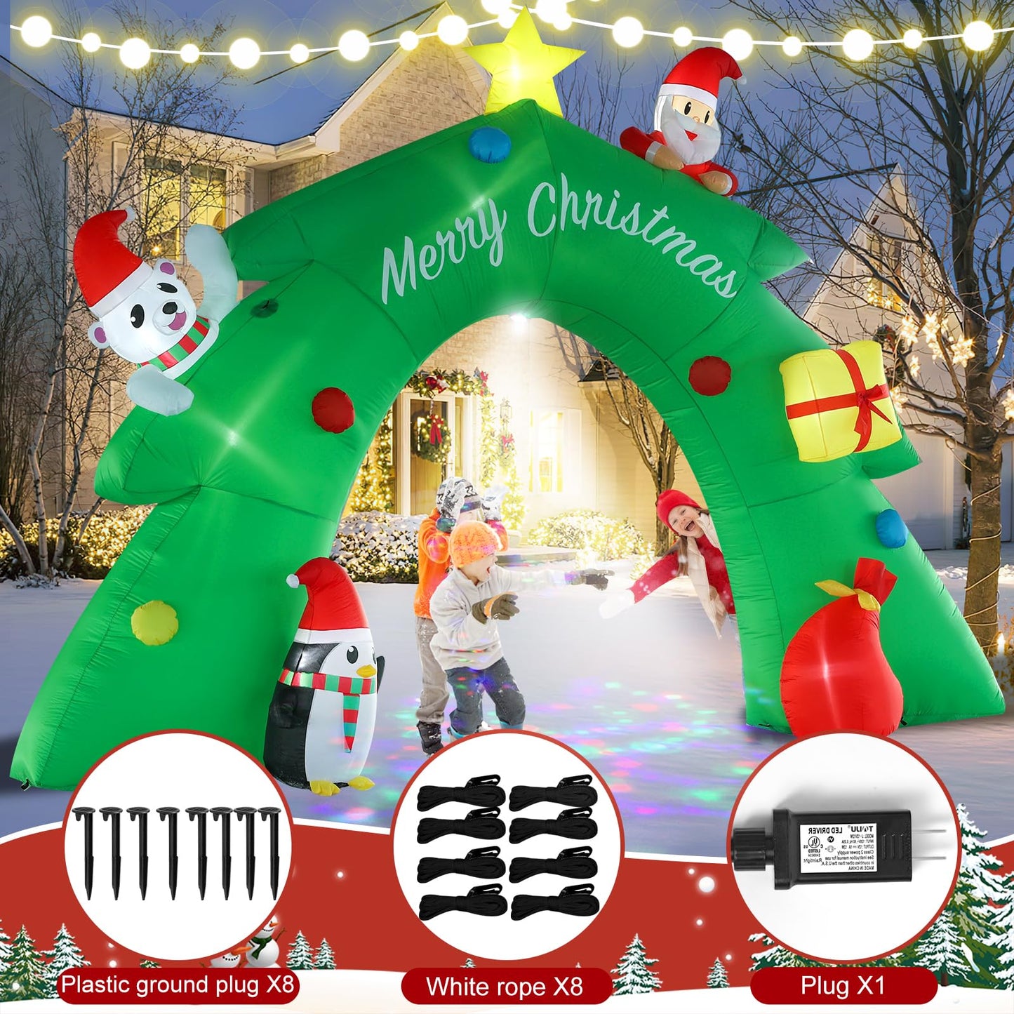 InfleasJoiy 16FT Christmas Tree Arch Inflatable Christmas Decoration with LED Lights and Kaleidoscope Lights for Holiday Celebration Decorations on Yard, Lawn and Patio