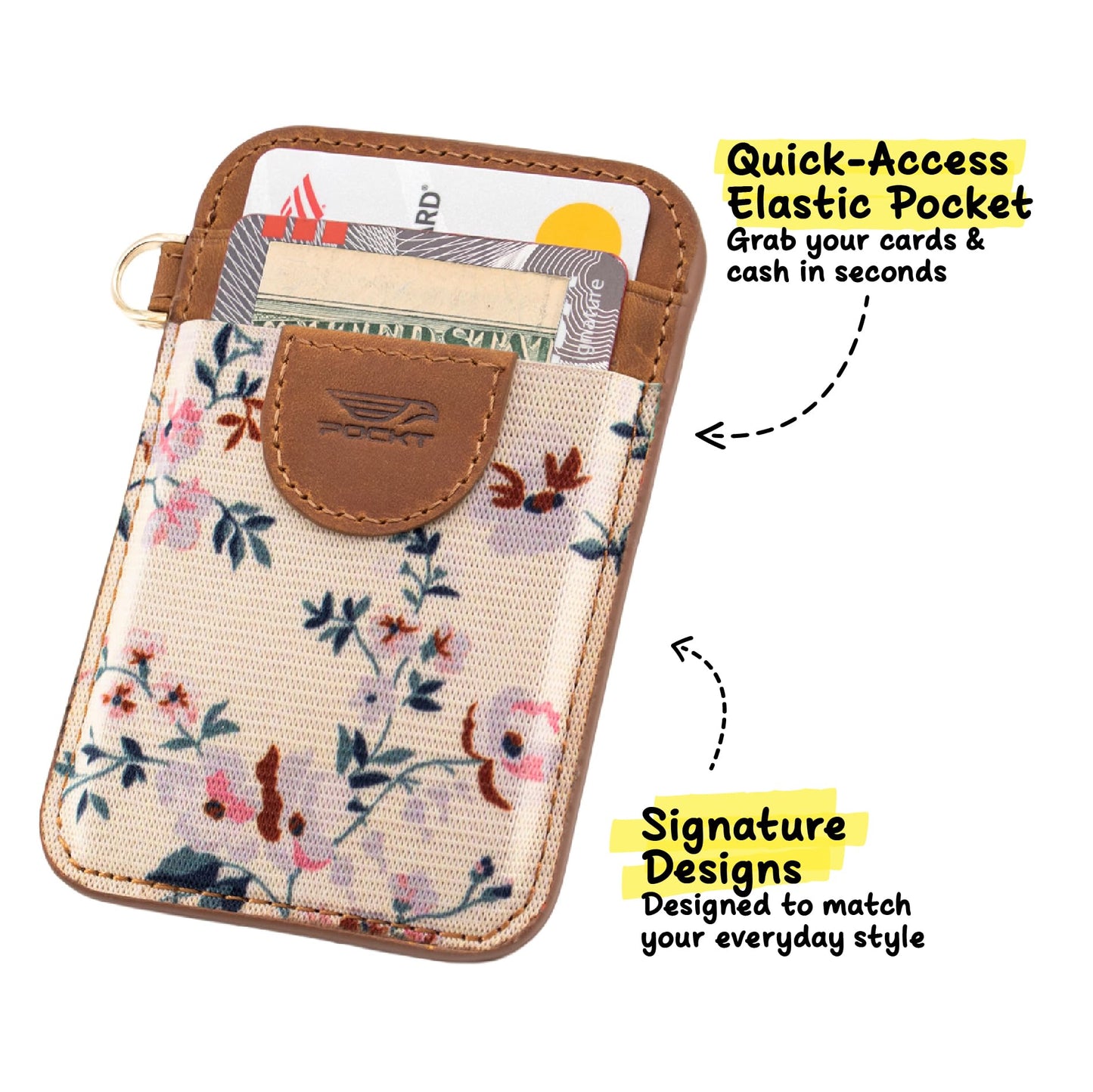 POCKT Elastic Card Holder Wallet for Women and Men, Genuine Leather Slim RFID Blocking Front Pocket Credit Card Holder, Cute Small Minimalist Wallet | Bloom