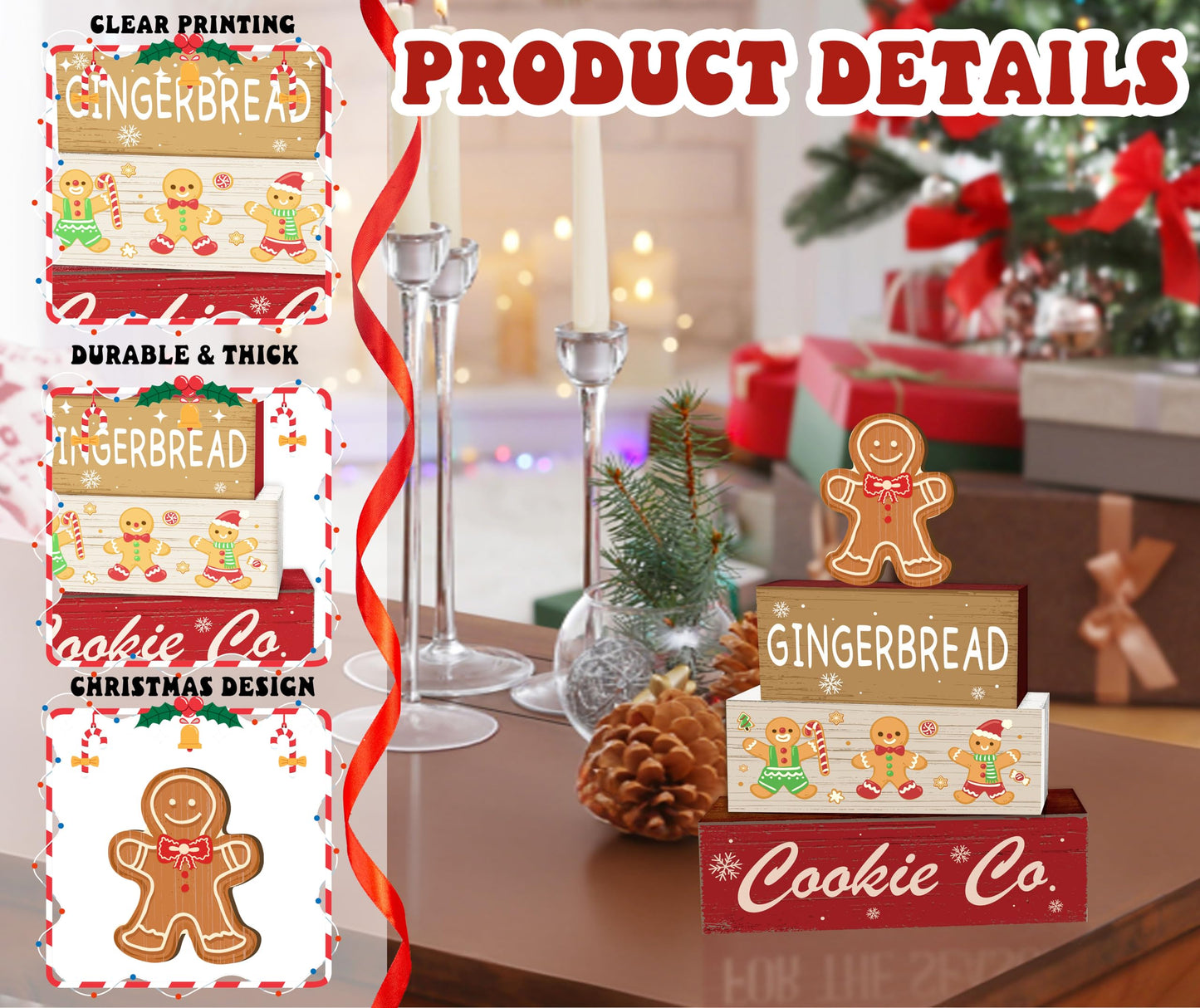 4 Pcs Gingerbread Christmas Decor, Cookie Co Table Decorations, Christmas Tiered Tray Desk Decor Gifts, Winter Wooden Xmas Stack Block Signs Table Centerpiece for Farmhouse Office -A15