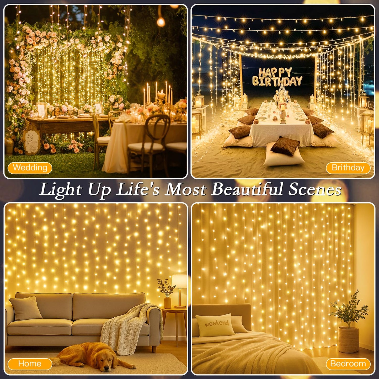 Soagrc 300 LED Warm White Curtain String Lights 9.8x9.8FT, Plug in Fairy Lights with 9 Hooks, Dimmable, Timer & 8 Modes, IP44 Waterproof, Bedroom Wall Wedding Backdrop Christmas Indoor Outdoor Decor