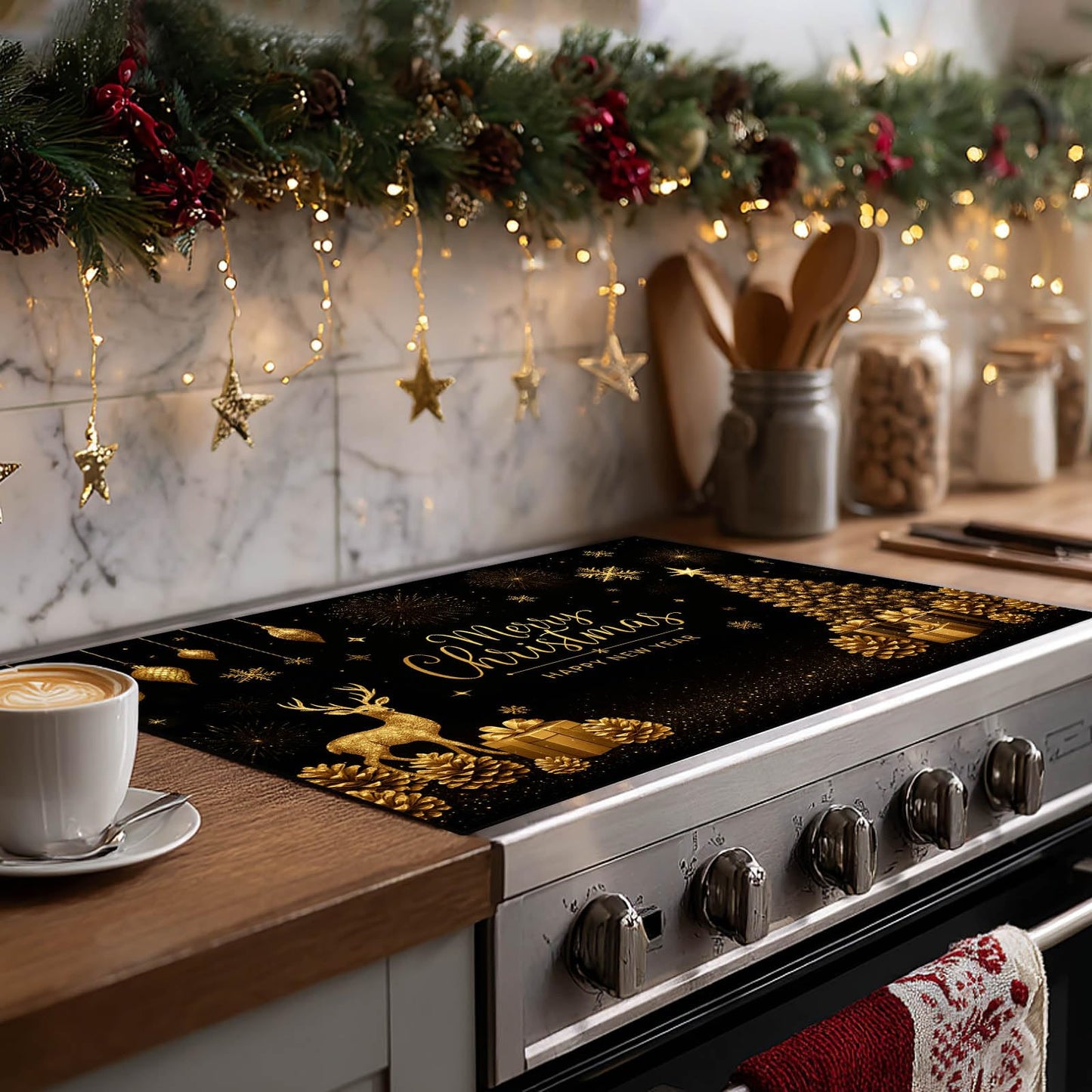 HOMETITUTE Christmas Stove Top Cover 28x20 Inch Glass Top Protector Silicone Cooktop Mat Heat Resistant Stovetop Cover Golden Deer Tree Holiday Kitchen Decoration